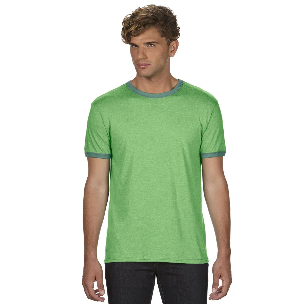 Anvil Men's Heather Grey/True Kelly Green Lightweight Ringer T-Shirt