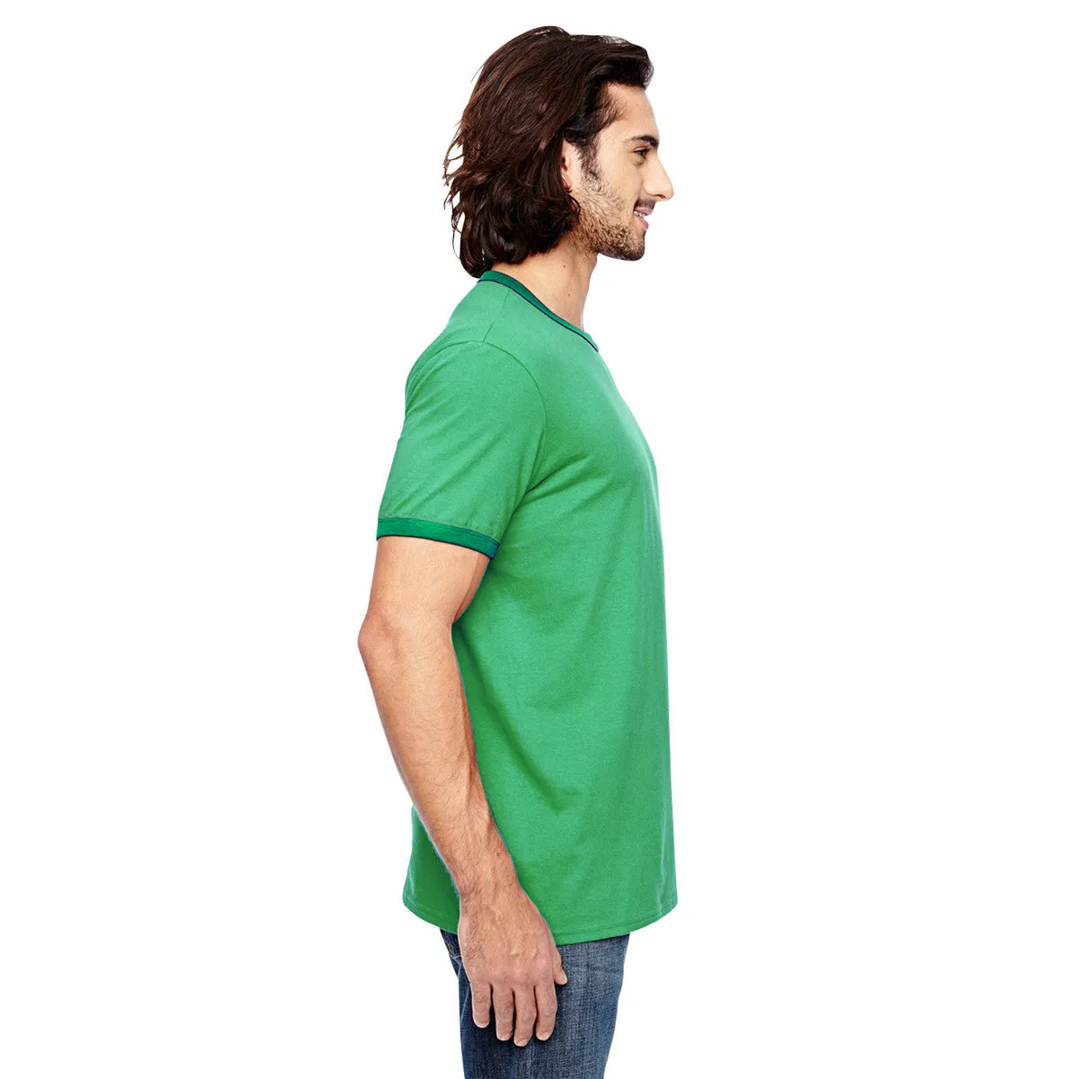 Anvil Men's Heather Grey/True Kelly Green Lightweight Ringer T-Shirt