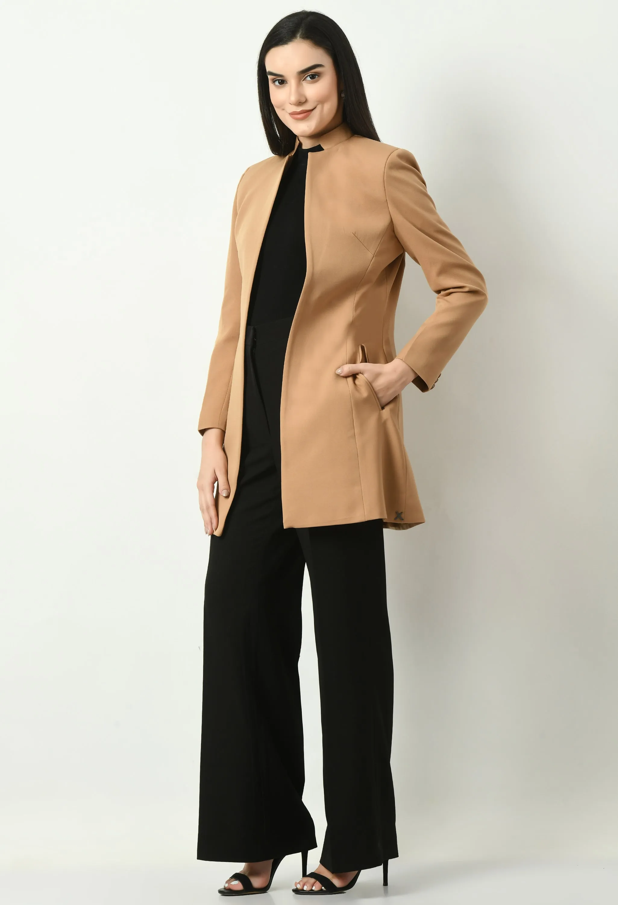 Beige Cotton Blend Supremacy Solid Long Blazer