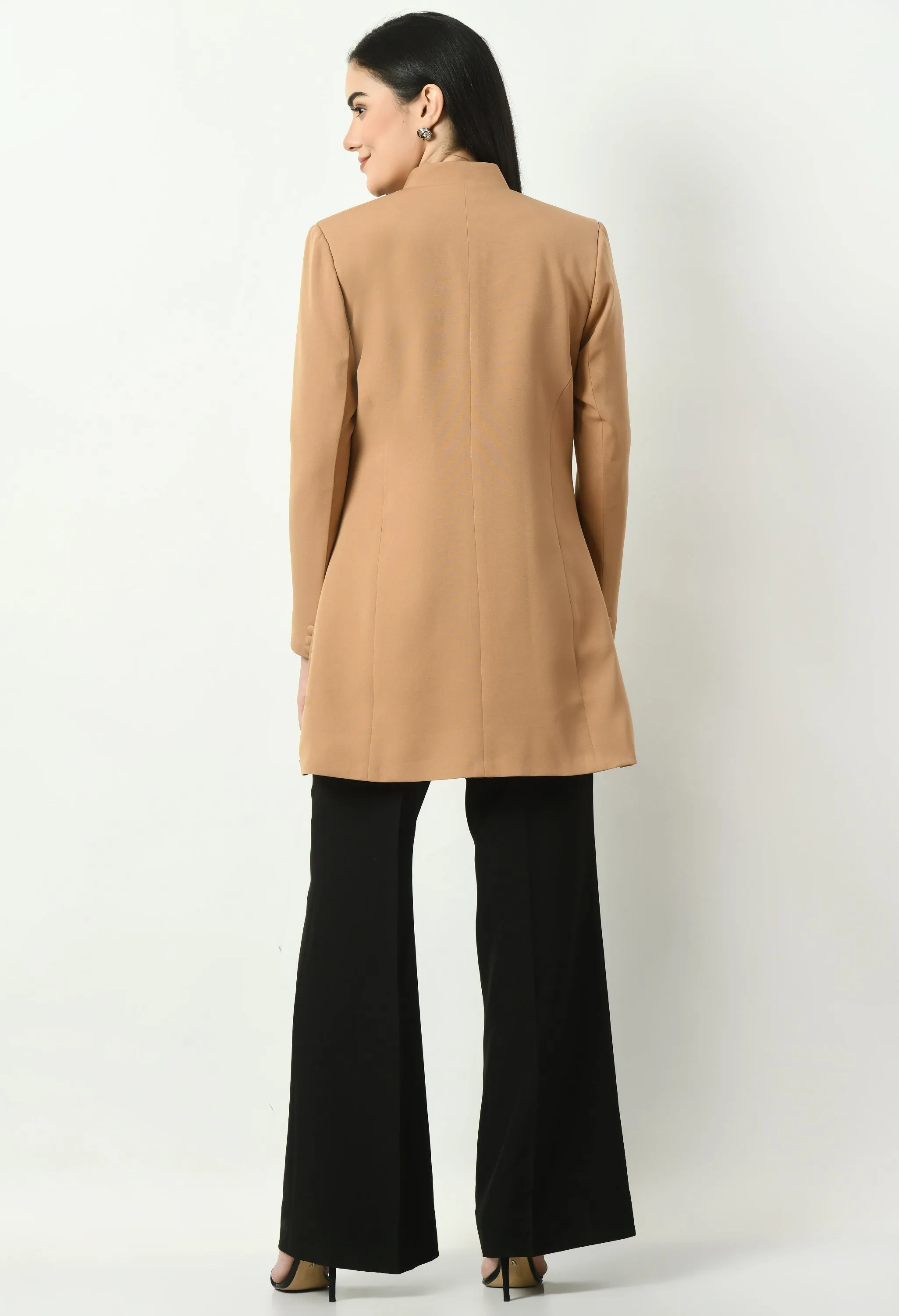 Beige Cotton Blend Supremacy Solid Long Blazer