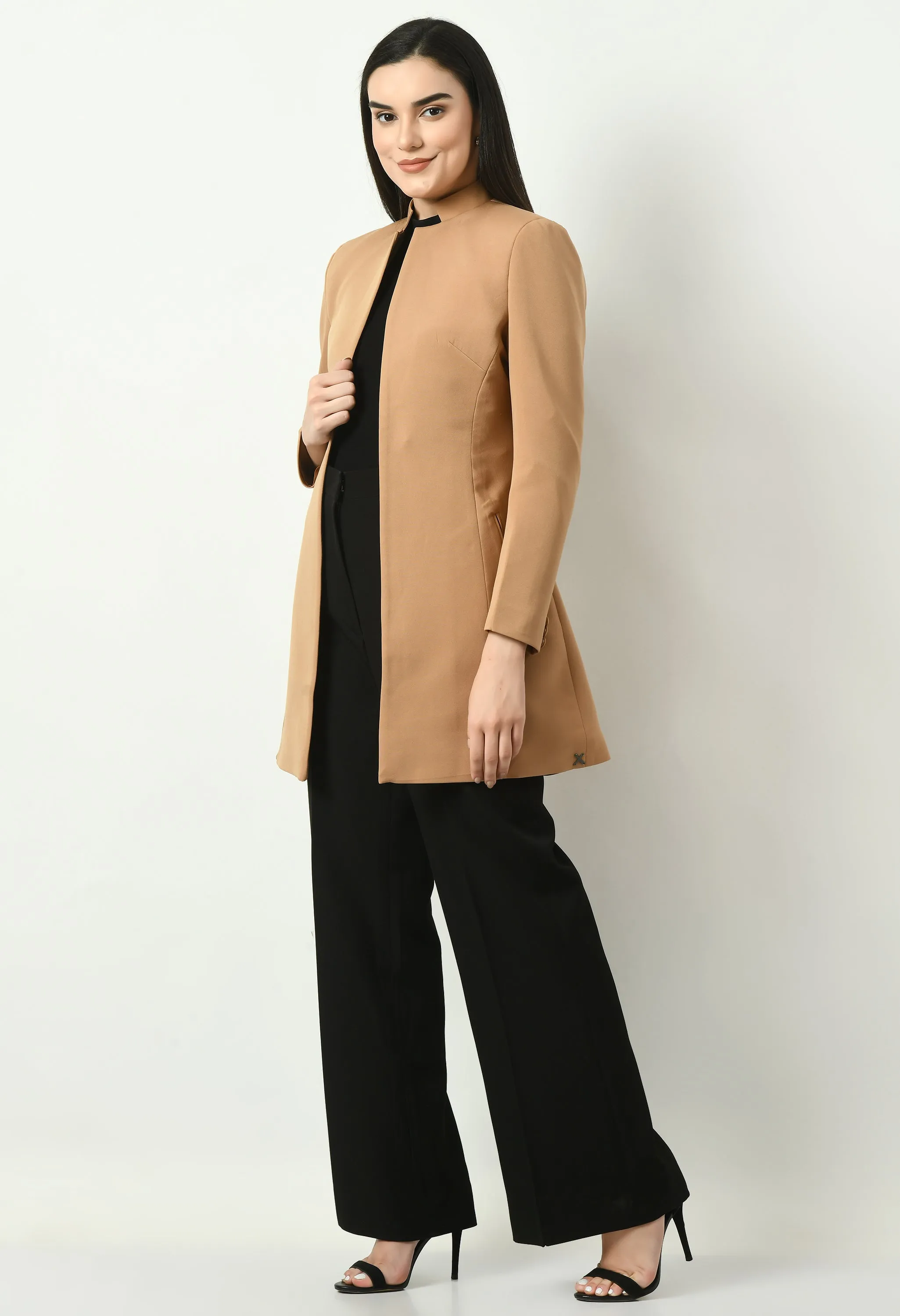 Beige Cotton Blend Supremacy Solid Long Blazer