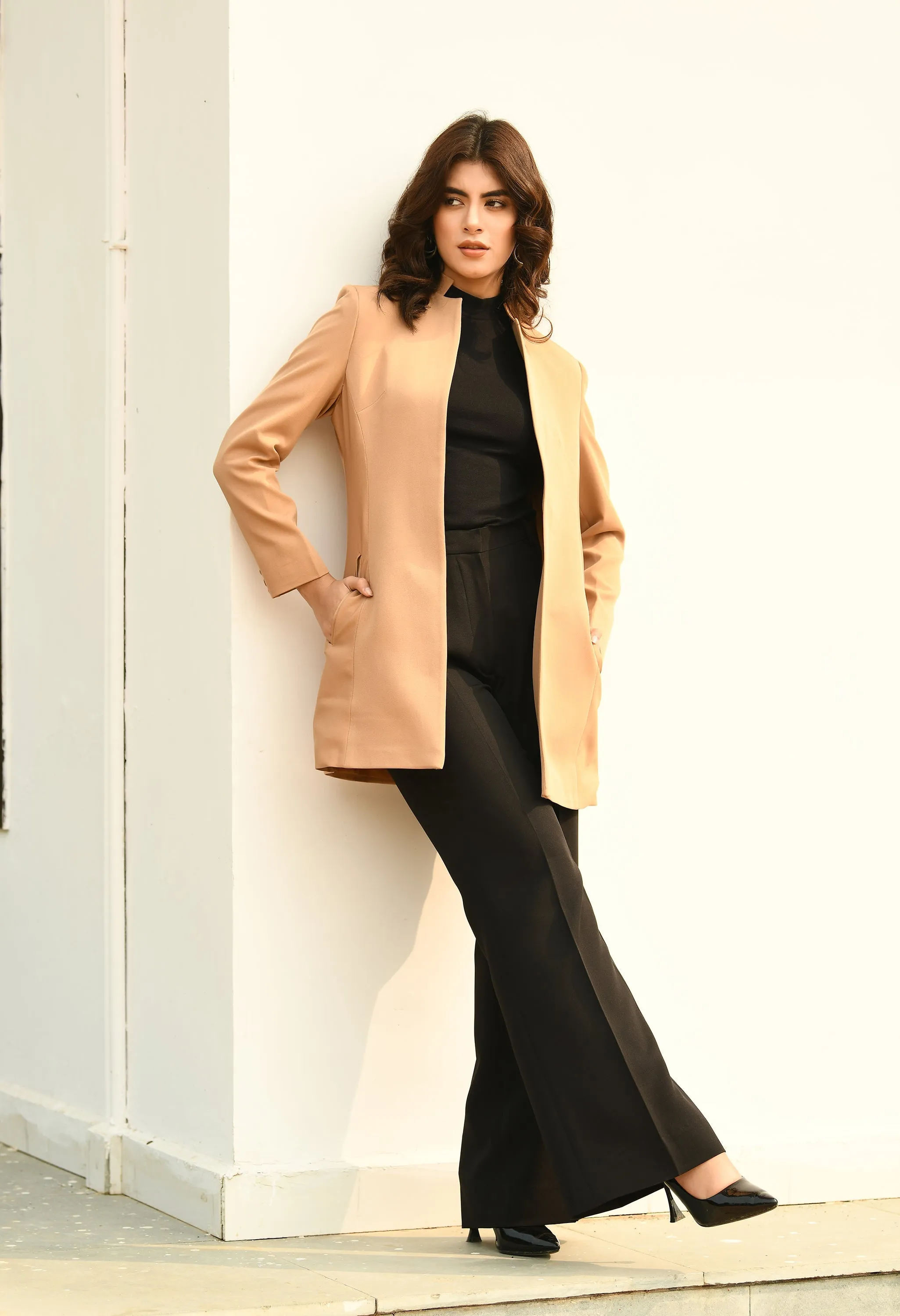 Beige Cotton Blend Supremacy Solid Long Blazer