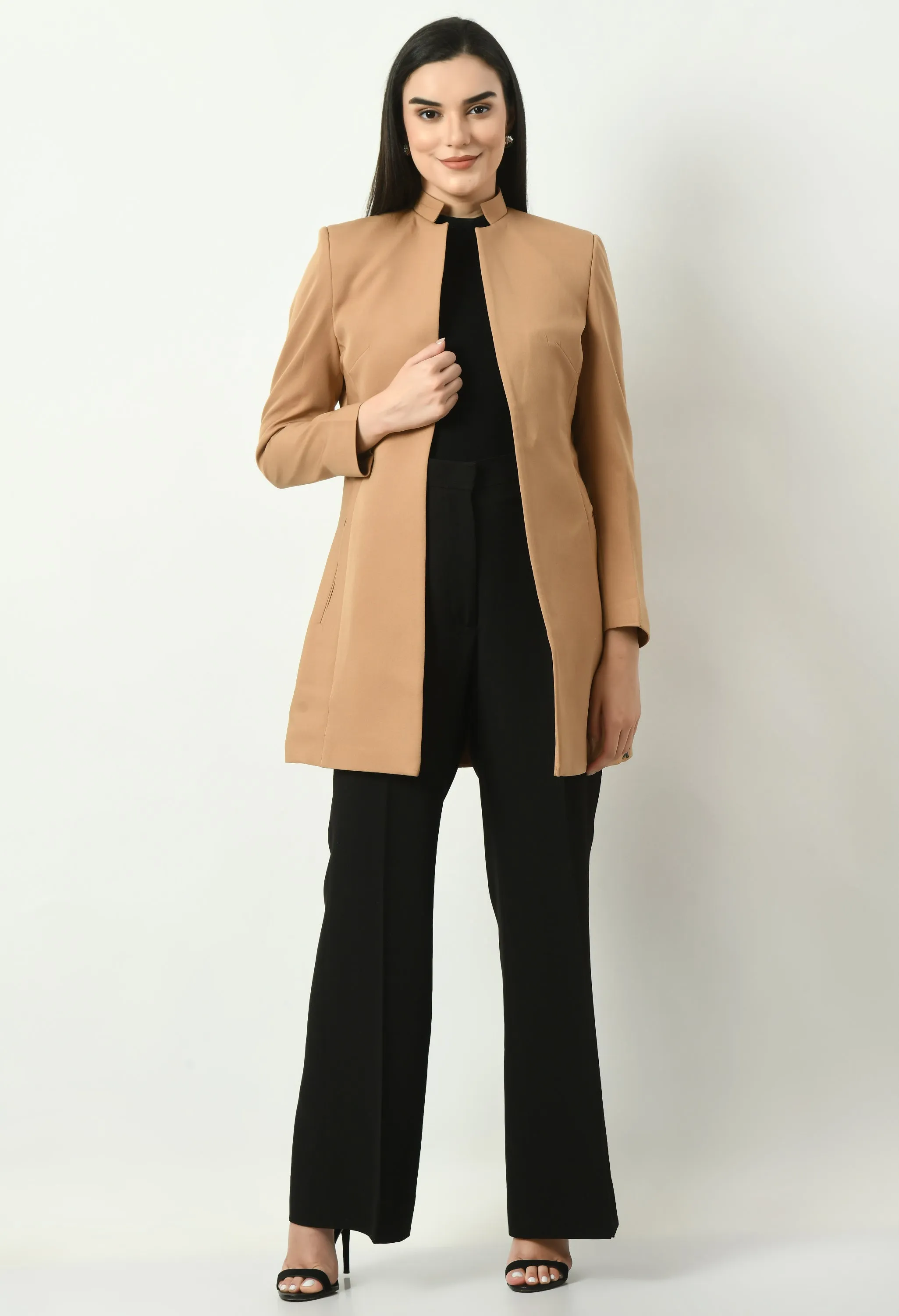 Beige Cotton Blend Supremacy Solid Long Blazer