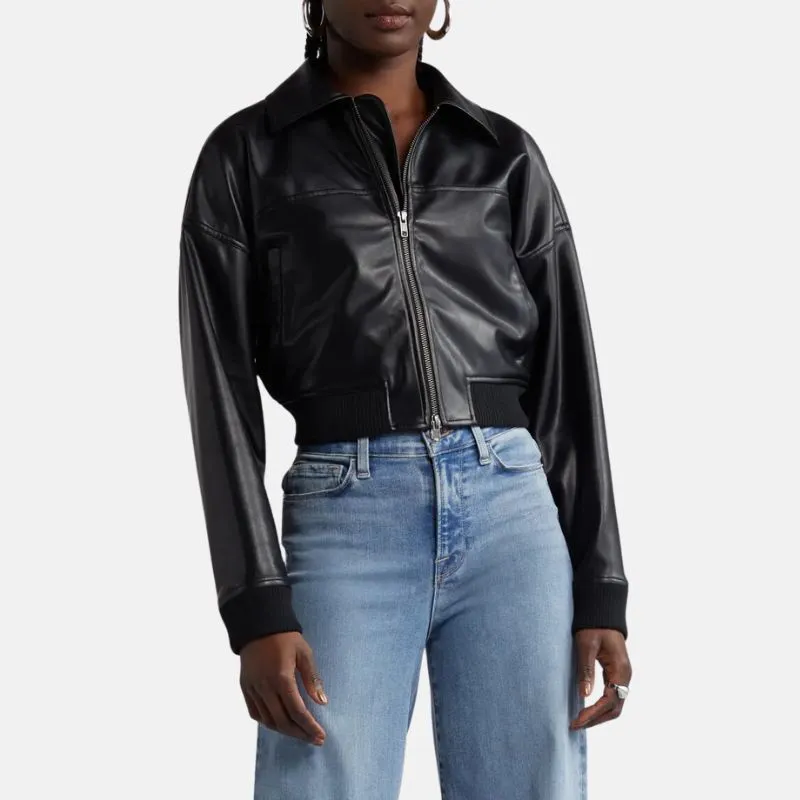 Black Leather Cropped Bomber Jacket Womens