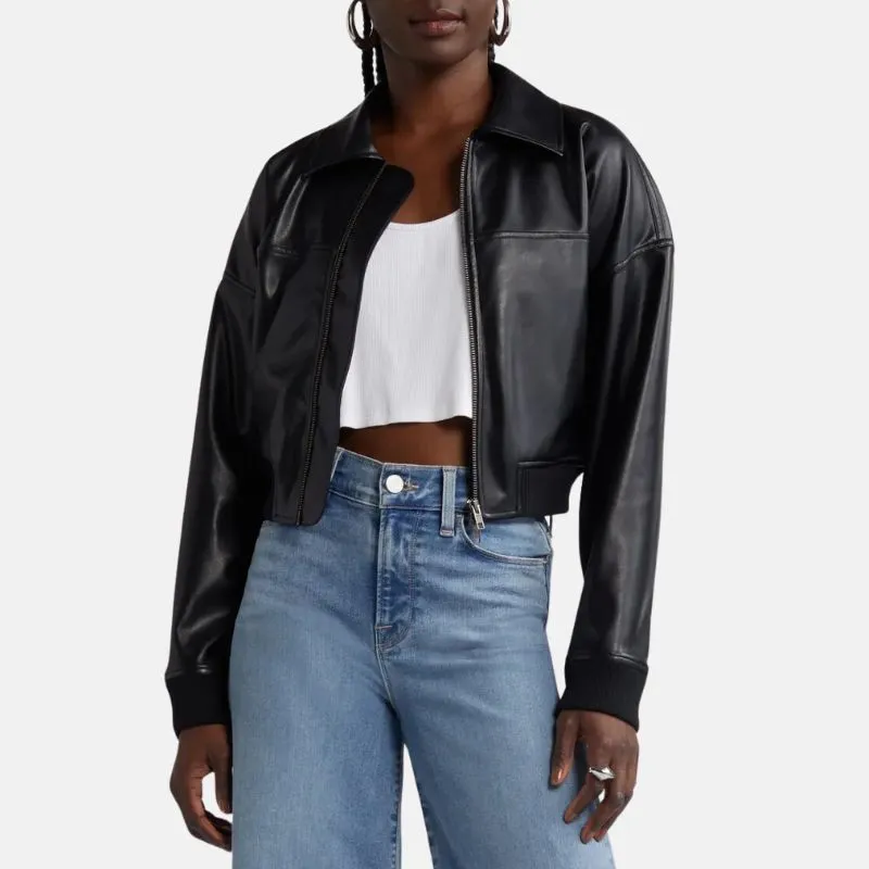 Black Leather Cropped Bomber Jacket Womens