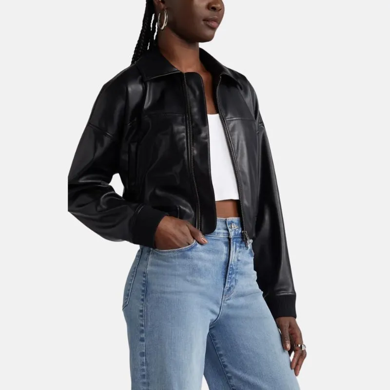 Black Leather Cropped Bomber Jacket Womens