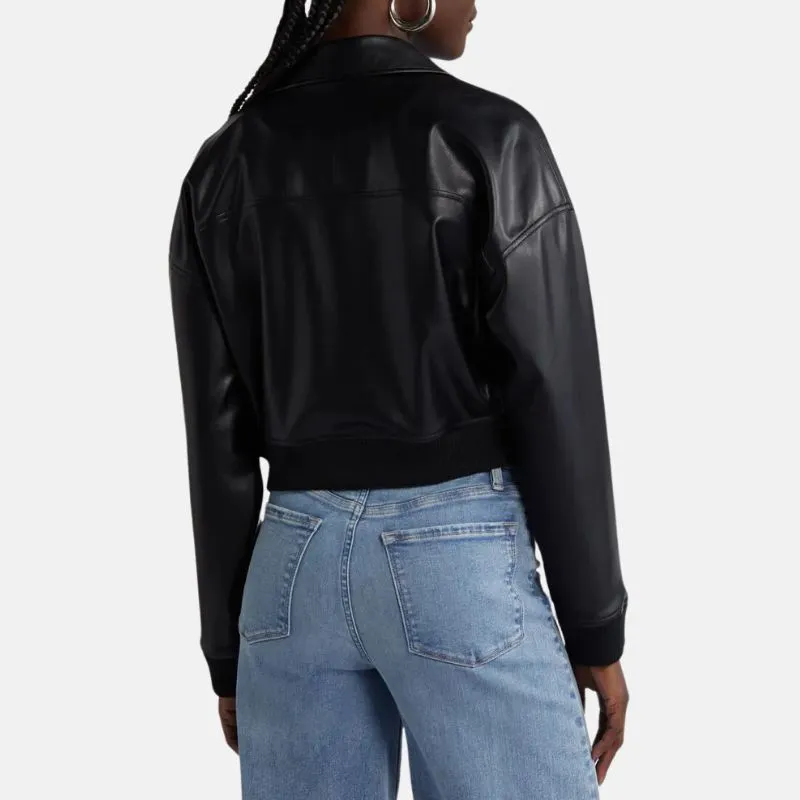 Black Leather Cropped Bomber Jacket Womens