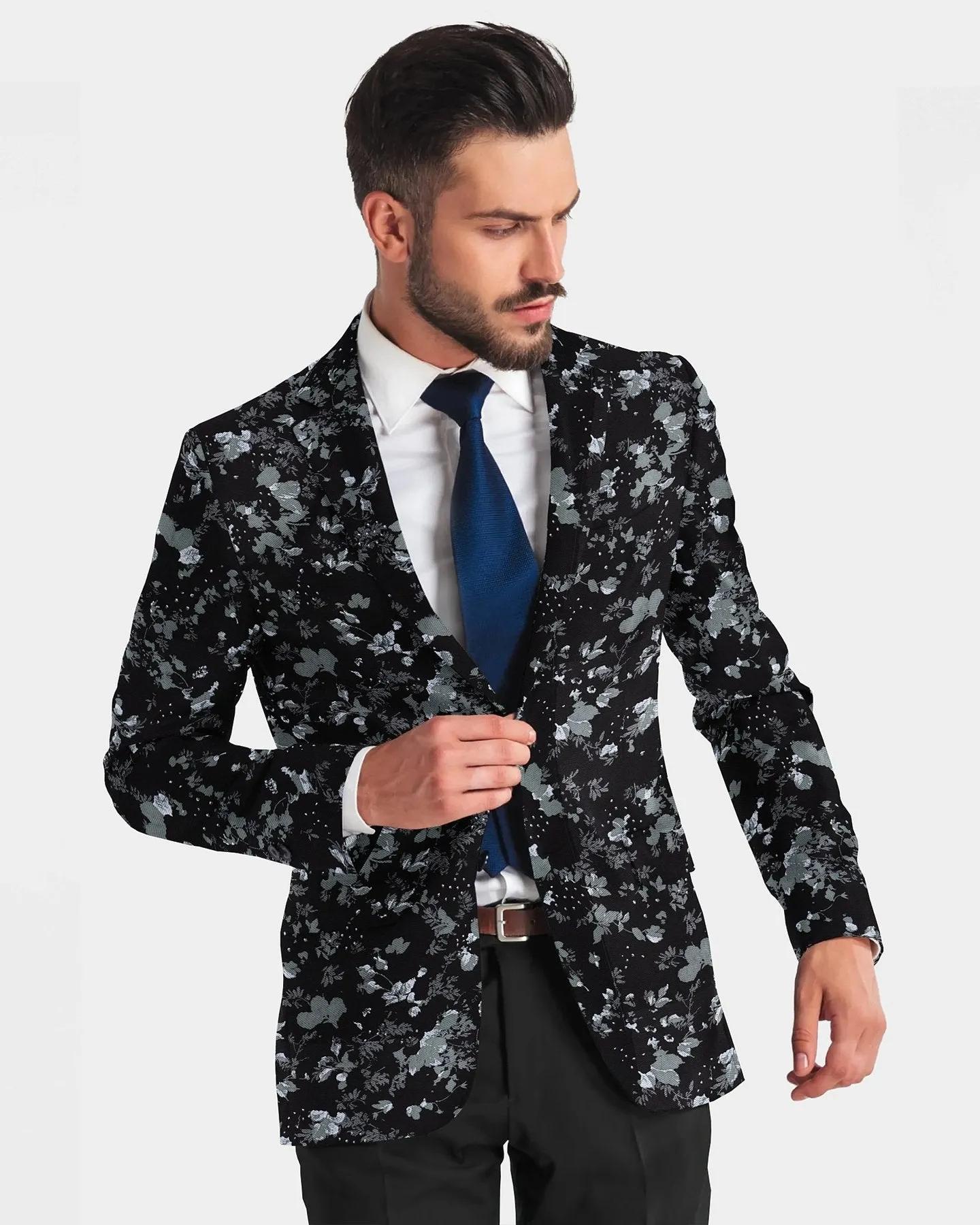 Black Men's Two Button Dress Party Floral Print Suit Jacket Notched Lapel Slim Fit Stylish Blazer