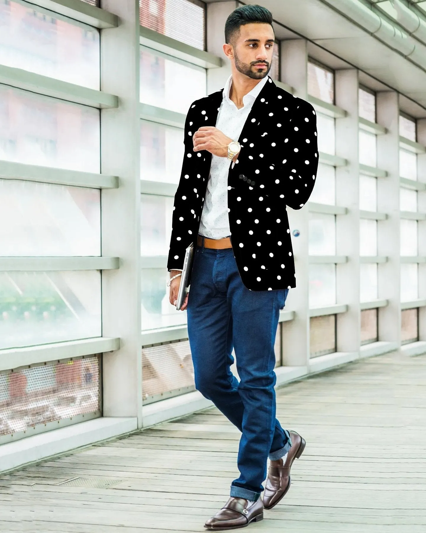 Black Men's Two Button Dress Party Polka Dot Print Suit Jacket Notched Lapel Slim Fit Stylish Blazer