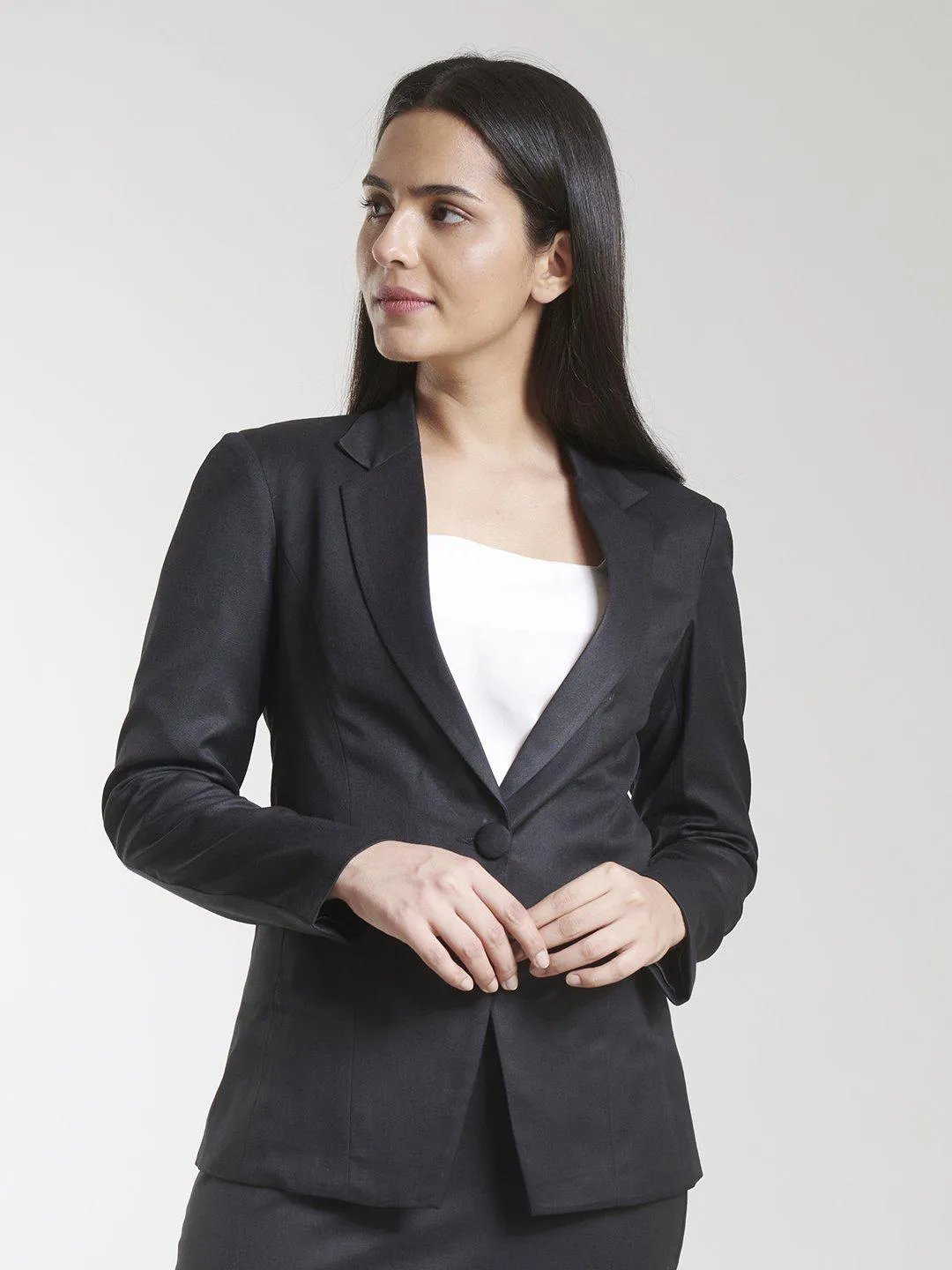 Black Poly Cotton Blend Polyester Single Button Blazer ONLY
