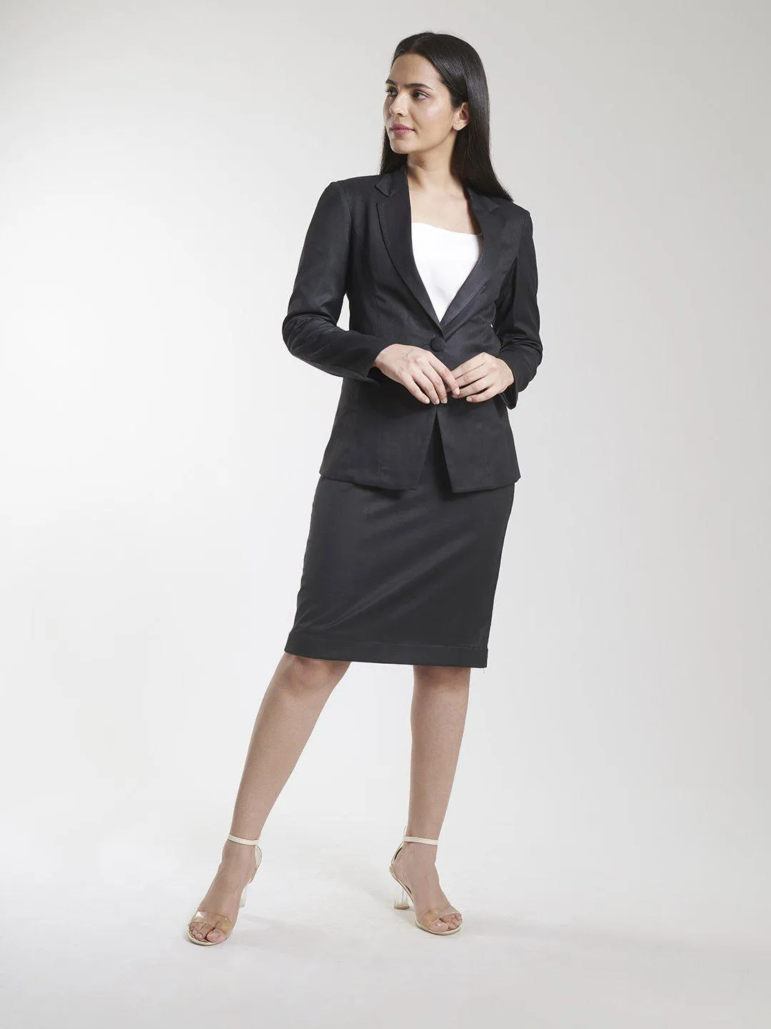 Black Poly Cotton Blend Polyester Single Button Blazer ONLY