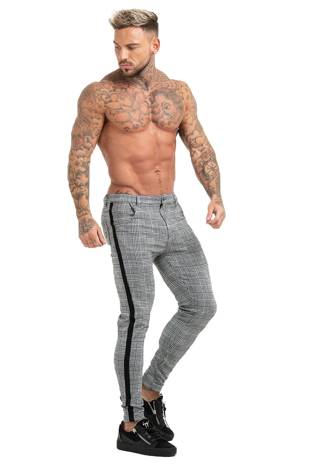 Black Sided Plaid Trousers - Grey