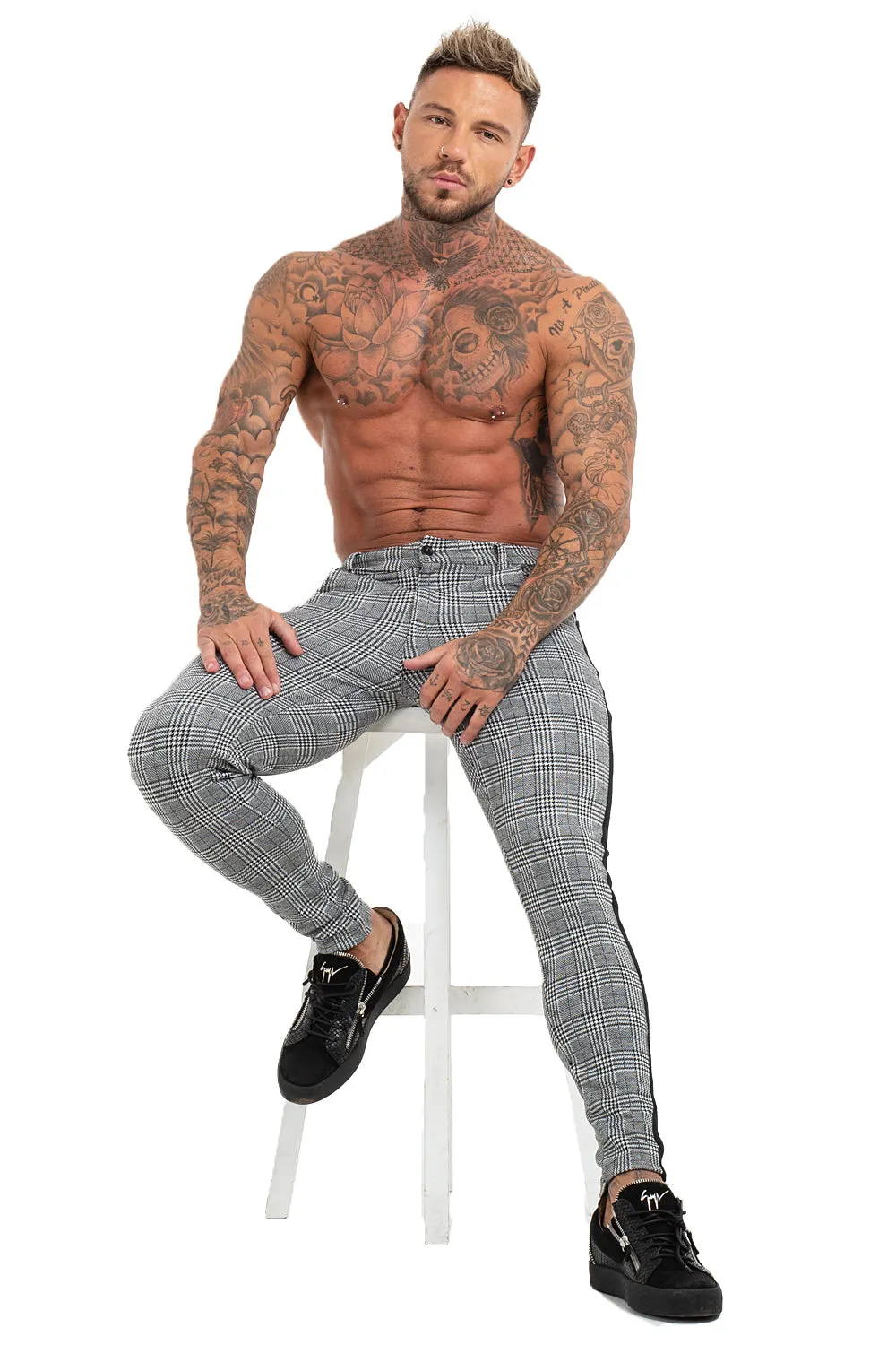 Black Sided Plaid Trousers - Grey