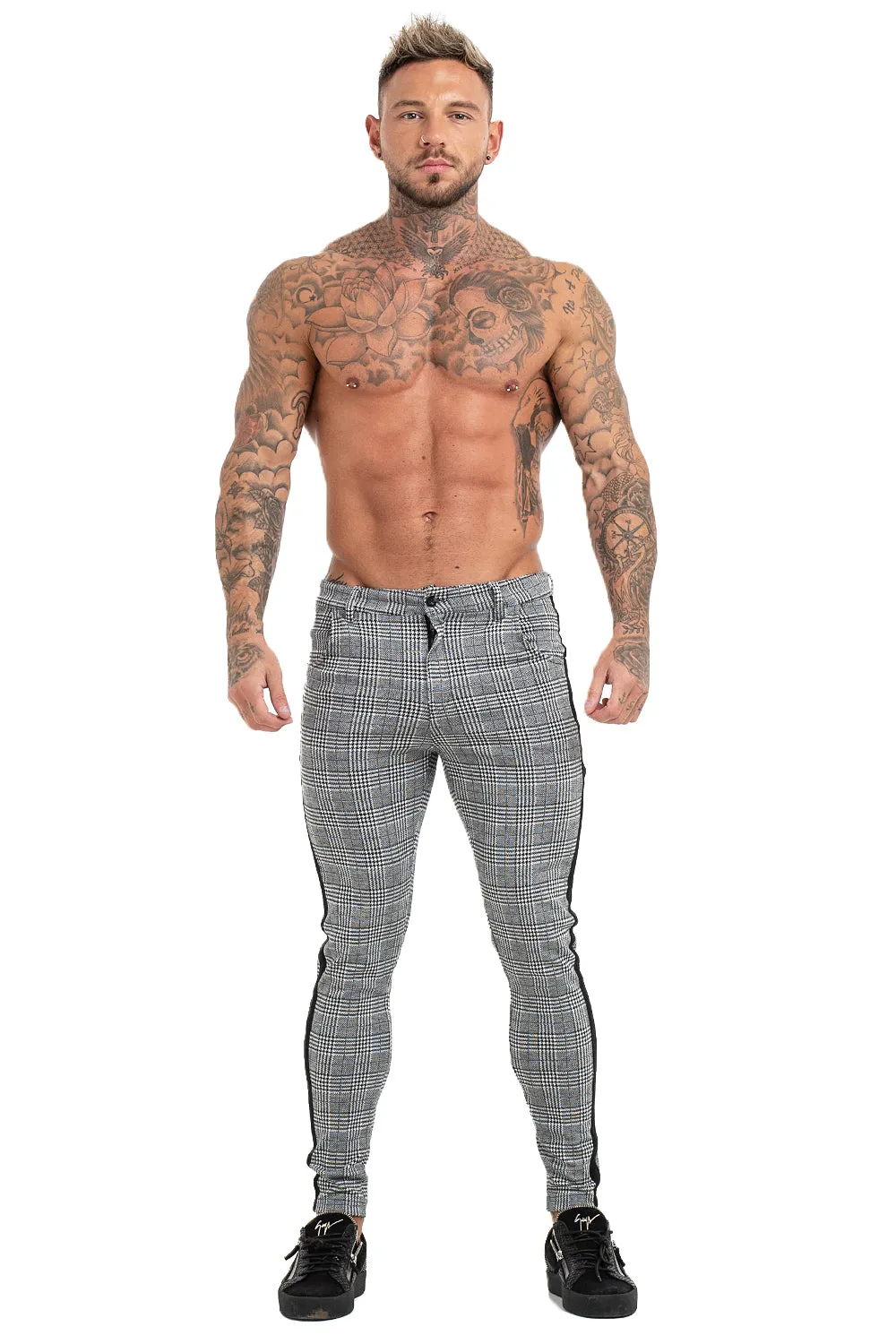 Black Sided Plaid Trousers - Grey