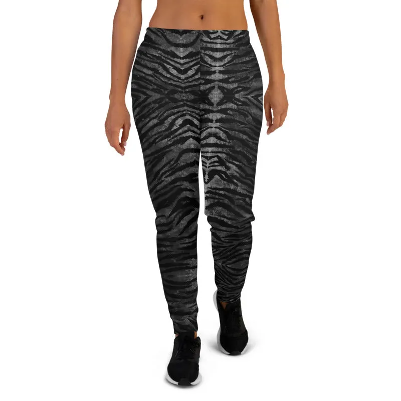 Black Tiger Print Women's Joggers, Best Grey Animal Print Sweatpants For Ladies-Made in EU