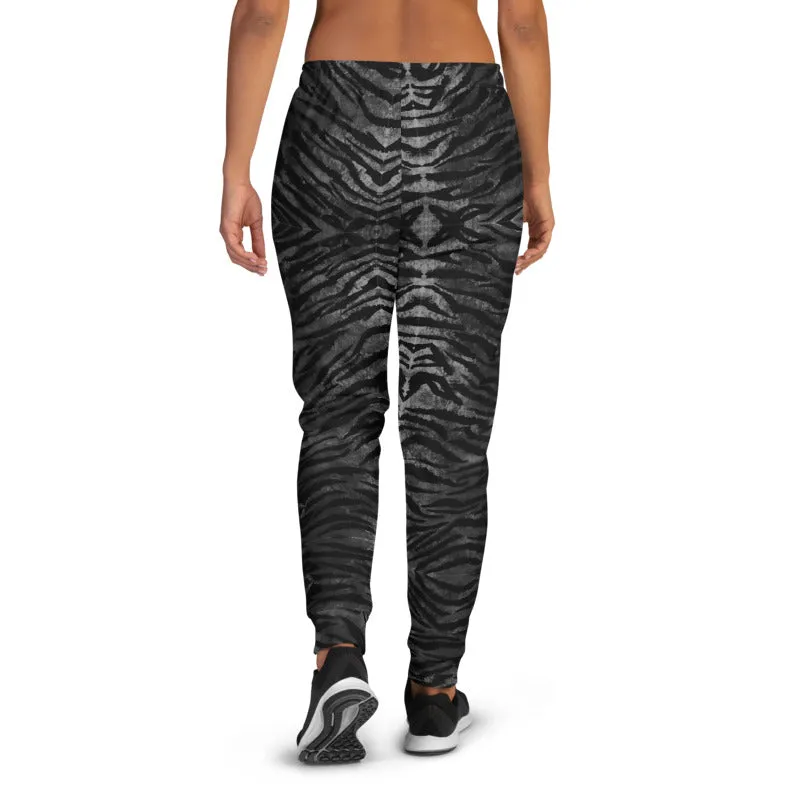 Black Tiger Print Women's Joggers, Best Grey Animal Print Sweatpants For Ladies-Made in EU