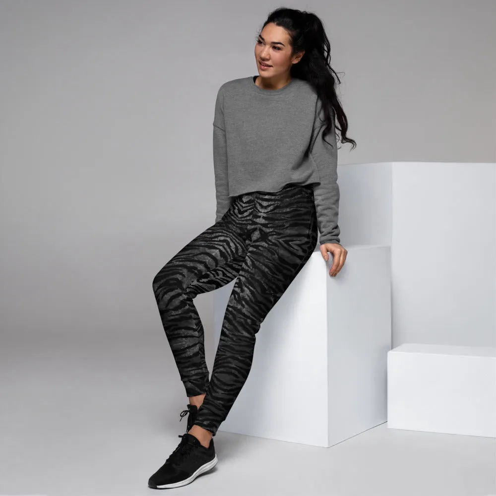 Black Tiger Print Women's Joggers, Best Grey Animal Print Sweatpants For Ladies-Made in EU