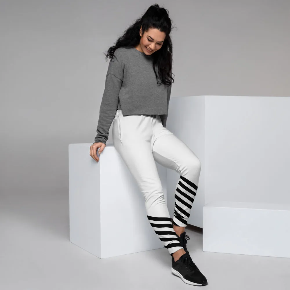 Black White Striped Women's Joggers, Diagonal Stripes Casual Sweatpants-Made in EU