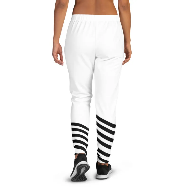 Black White Striped Women's Joggers, Diagonal Stripes Casual Sweatpants-Made in EU