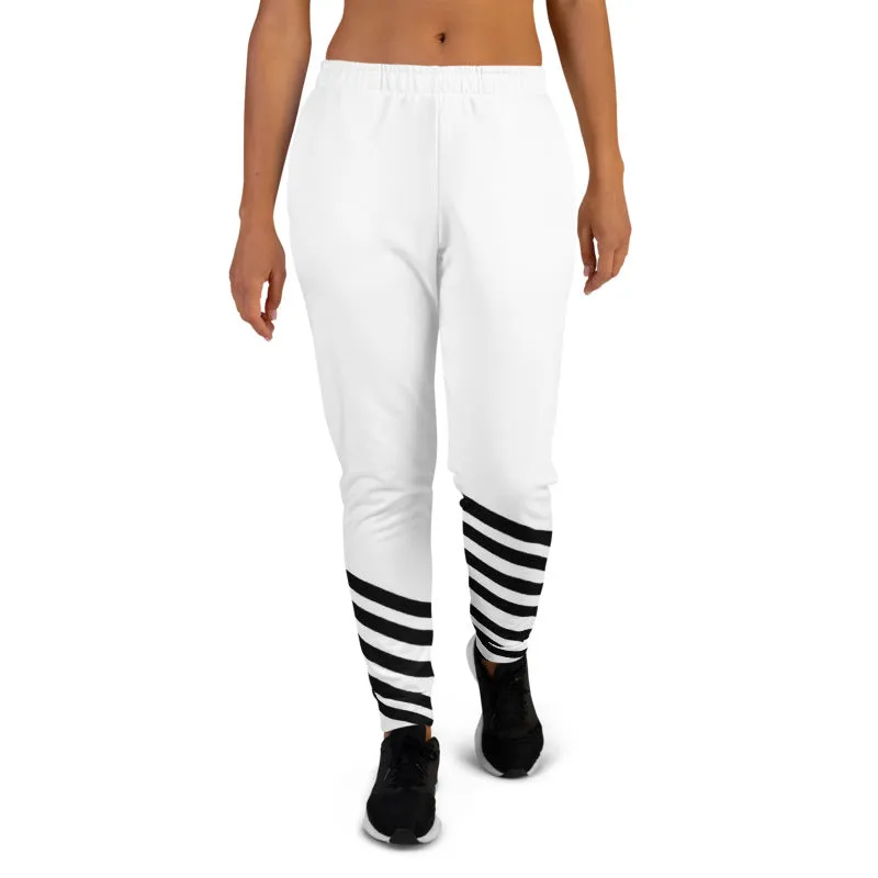 Black White Striped Women's Joggers, Diagonal Stripes Casual Sweatpants-Made in EU