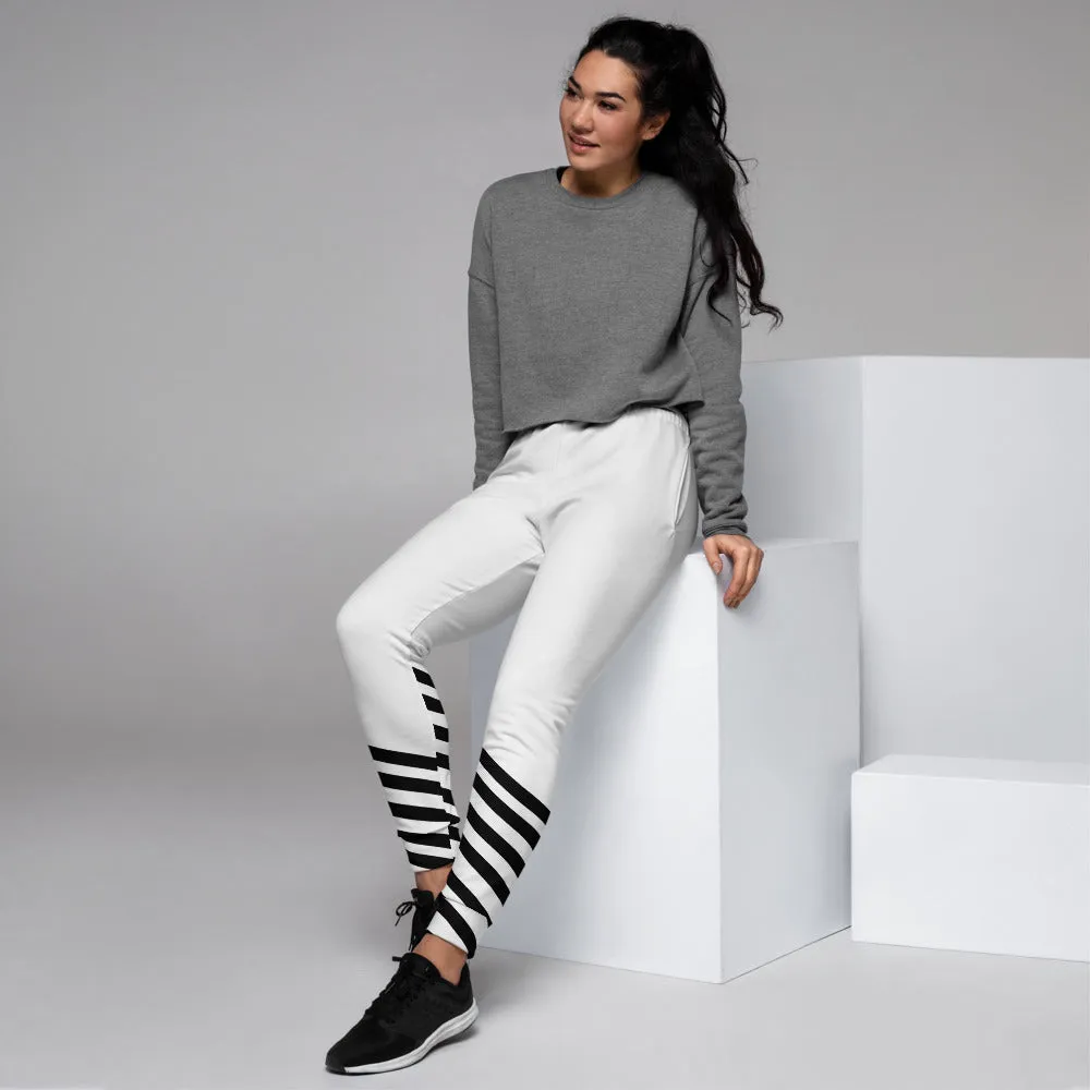 Black White Striped Women's Joggers, Diagonal Stripes Casual Sweatpants-Made in EU