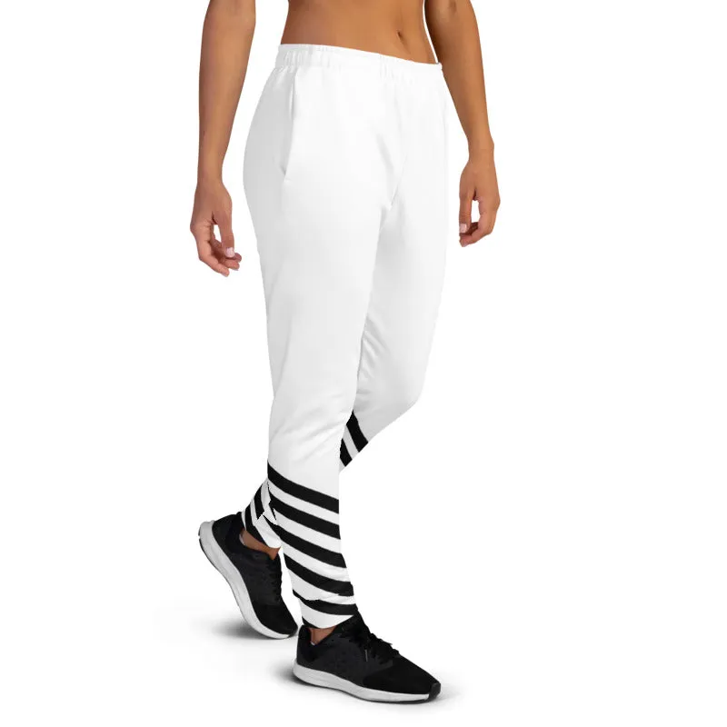 Black White Striped Women's Joggers, Diagonal Stripes Casual Sweatpants-Made in EU
