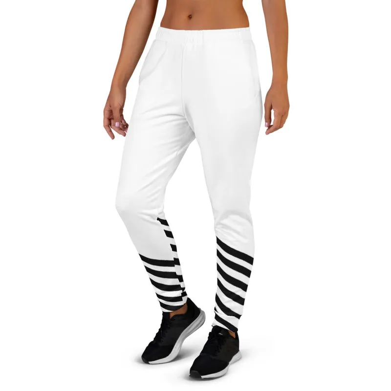Black White Striped Women's Joggers, Diagonal Stripes Casual Sweatpants-Made in EU