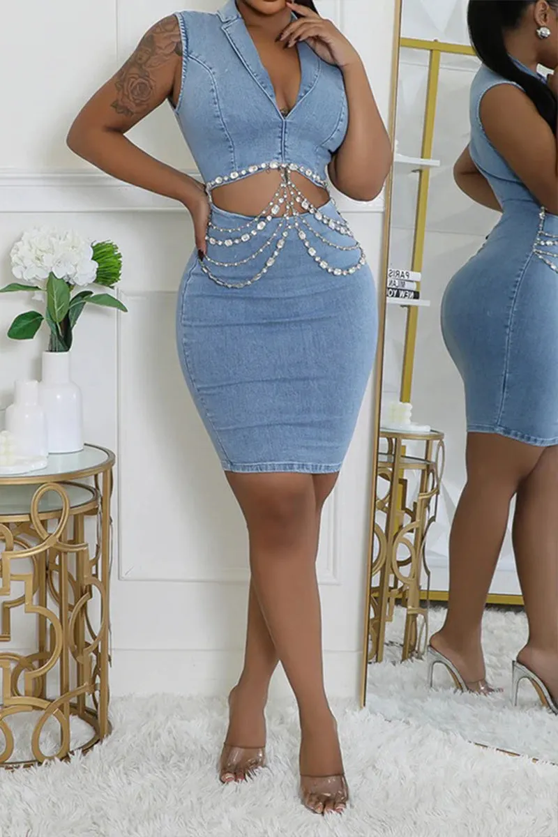 BR3102 Rhinestones Denim Short Dress