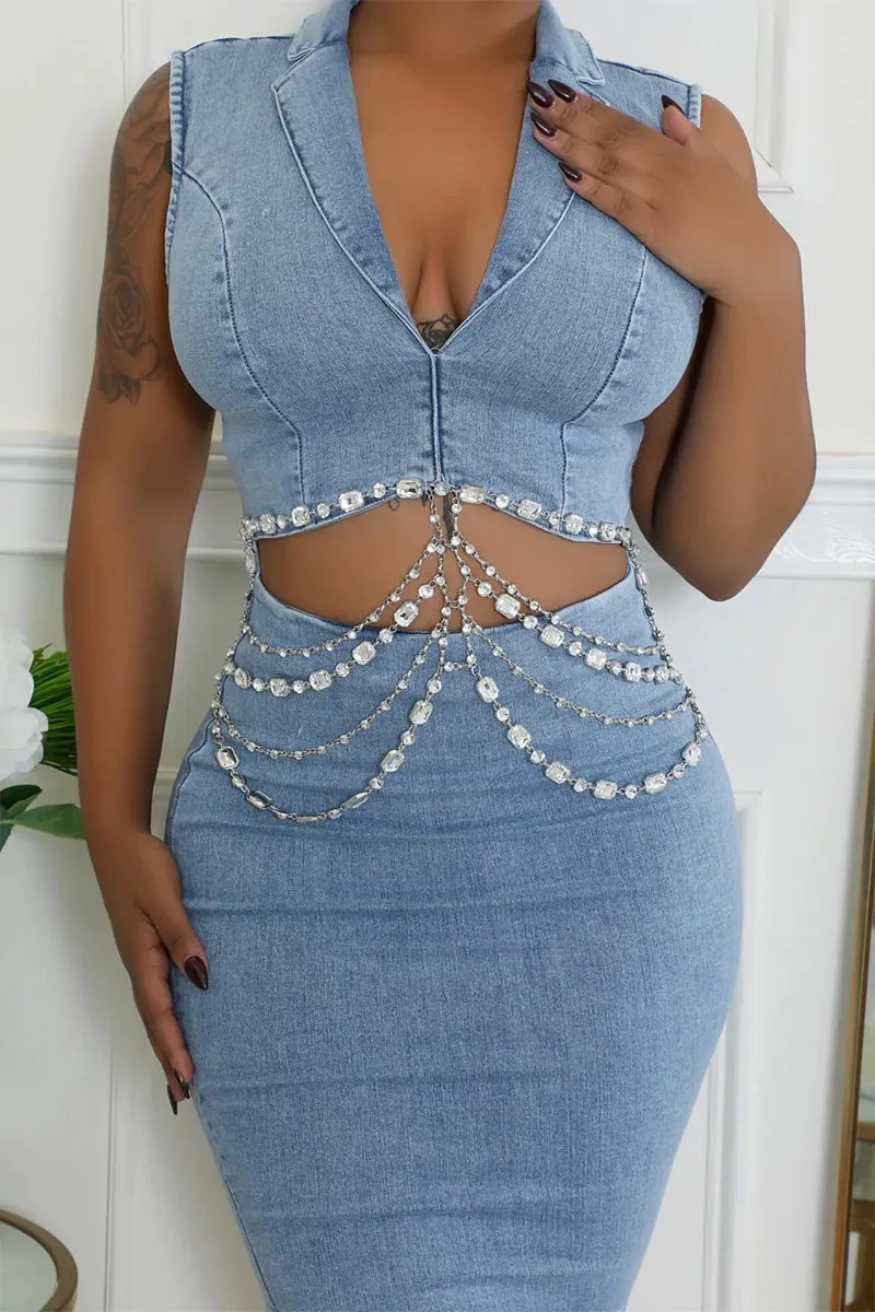 BR3102 Rhinestones Denim Short Dress