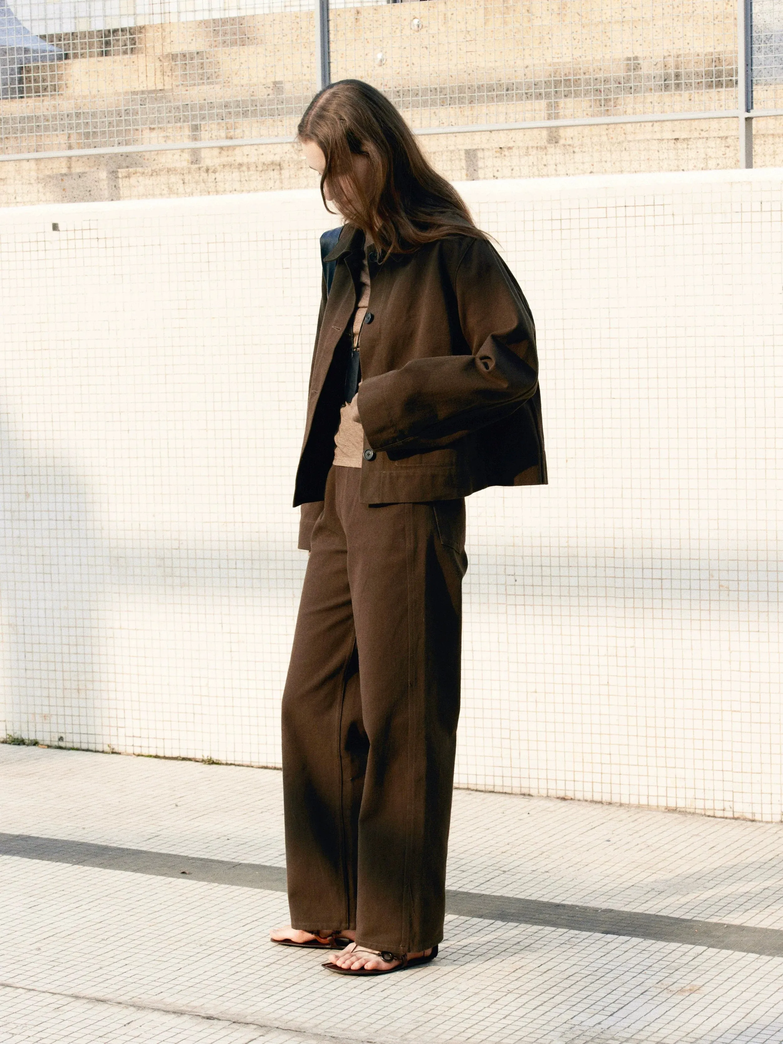 Brown Suit Jacket and Wide-Leg Trousers