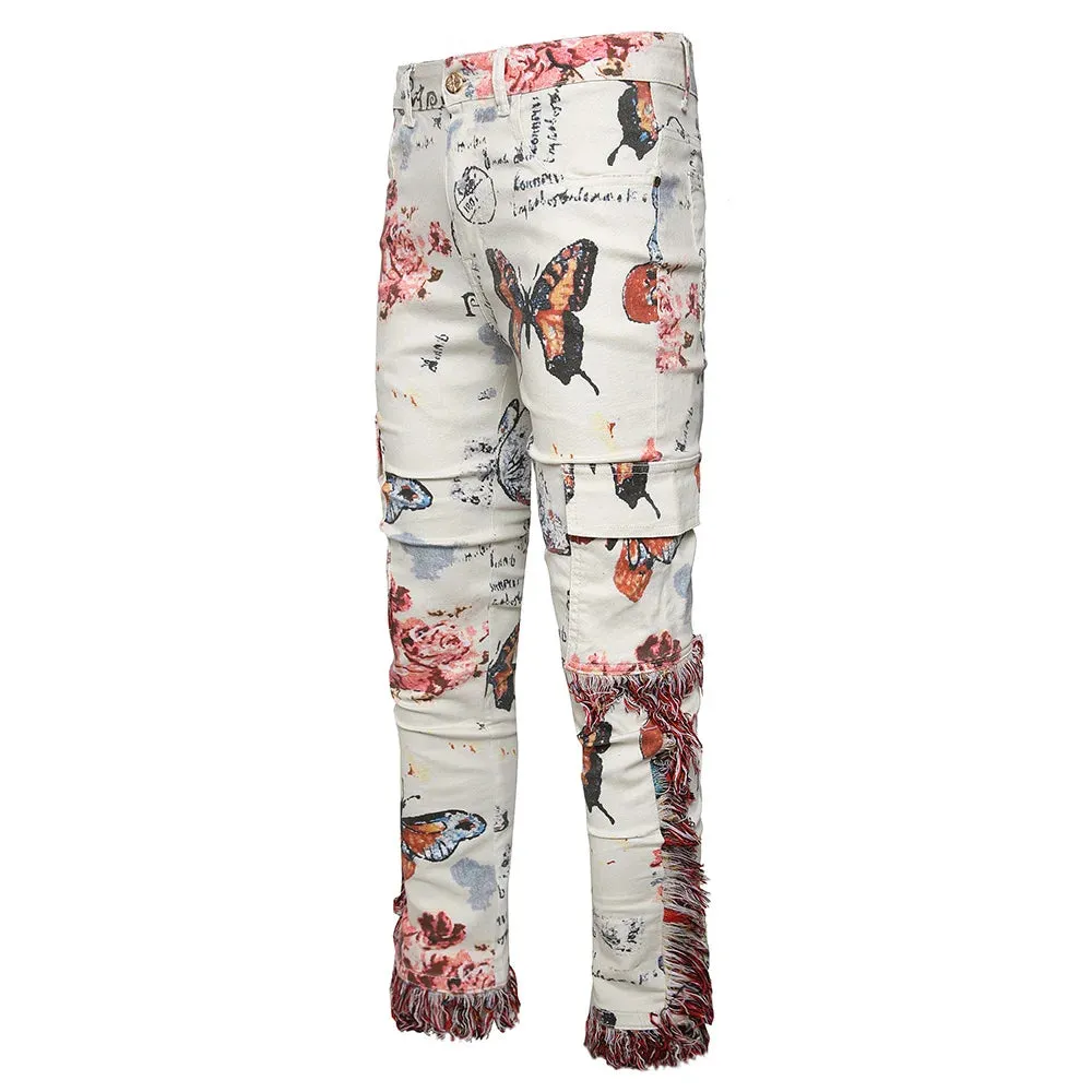 Butterfly Flower Print Tassel Jeans | Slim Fit Cargo Pants with Multi Pockets