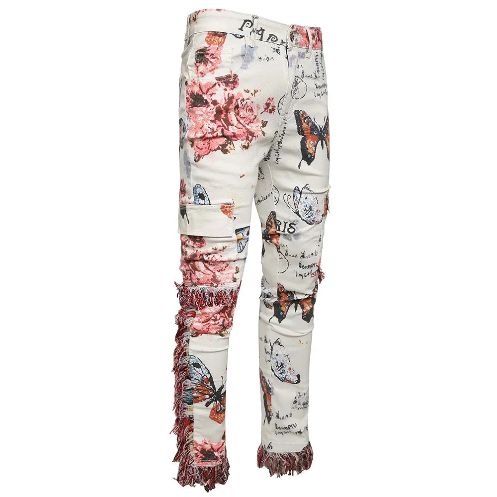 Butterfly Flower Print Tassel Jeans | Slim Fit Cargo Pants with Multi Pockets