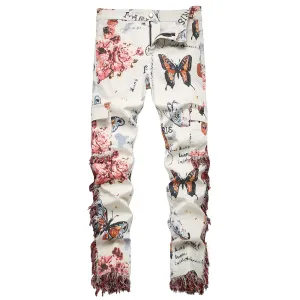 Butterfly Flower Print Tassel Jeans | Slim Fit Cargo Pants with Multi Pockets
