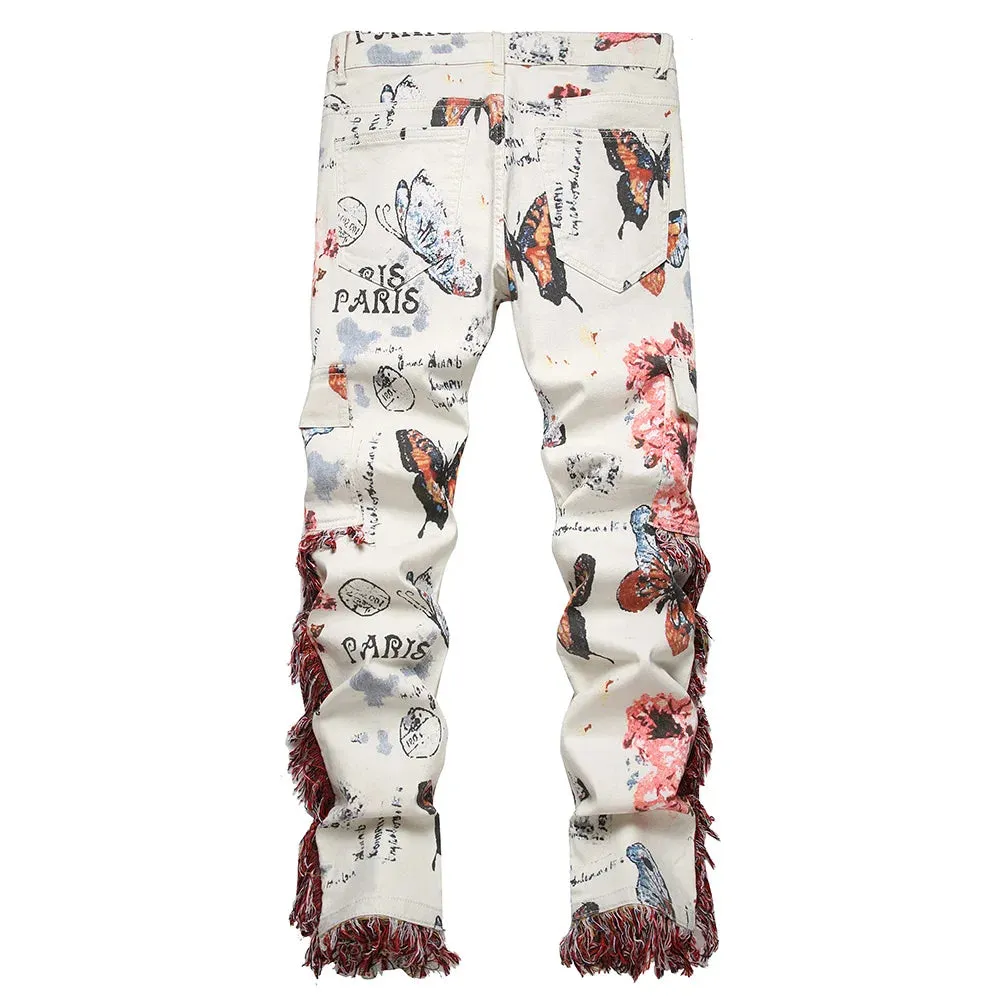 Butterfly Flower Print Tassel Jeans | Slim Fit Cargo Pants with Multi Pockets