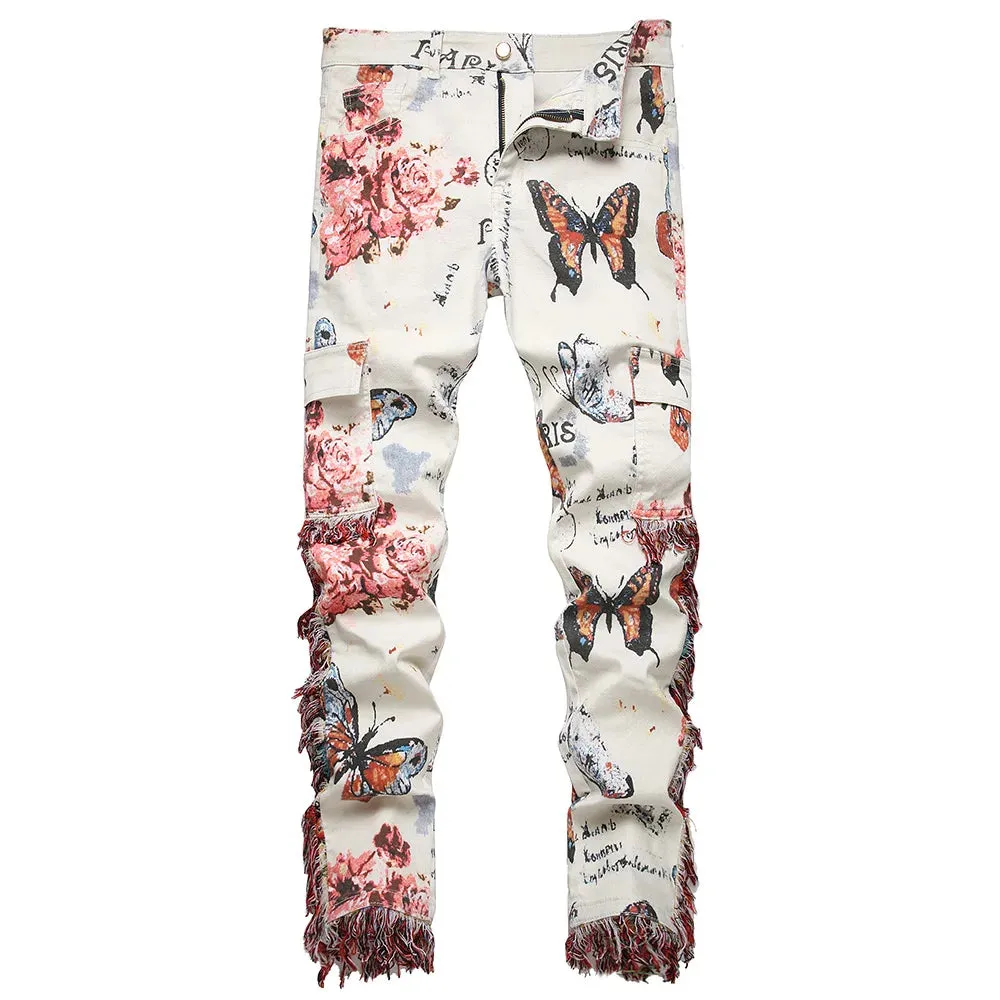 Butterfly Flower Print Tassel Jeans | Slim Fit Cargo Pants with Multi Pockets