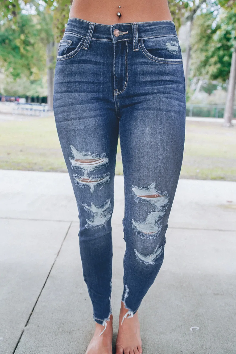 Cash Distressed High Rise Jeans in Dark Blue