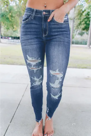 Cash Distressed High Rise Jeans in Dark Blue