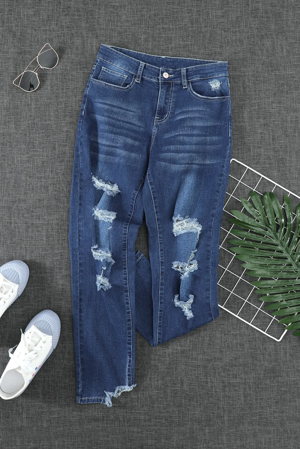 Cash Distressed High Rise Jeans in Dark Blue