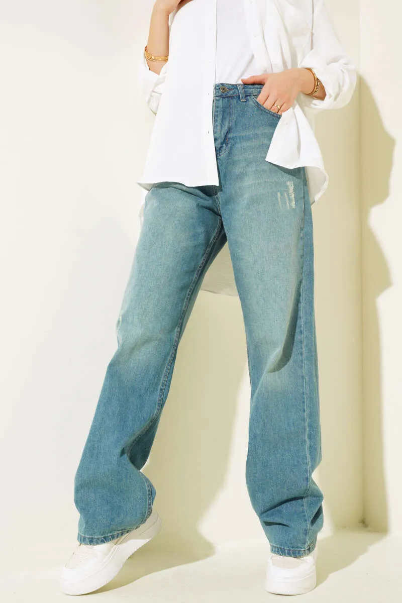Casual Distressed Jeans Green Tint