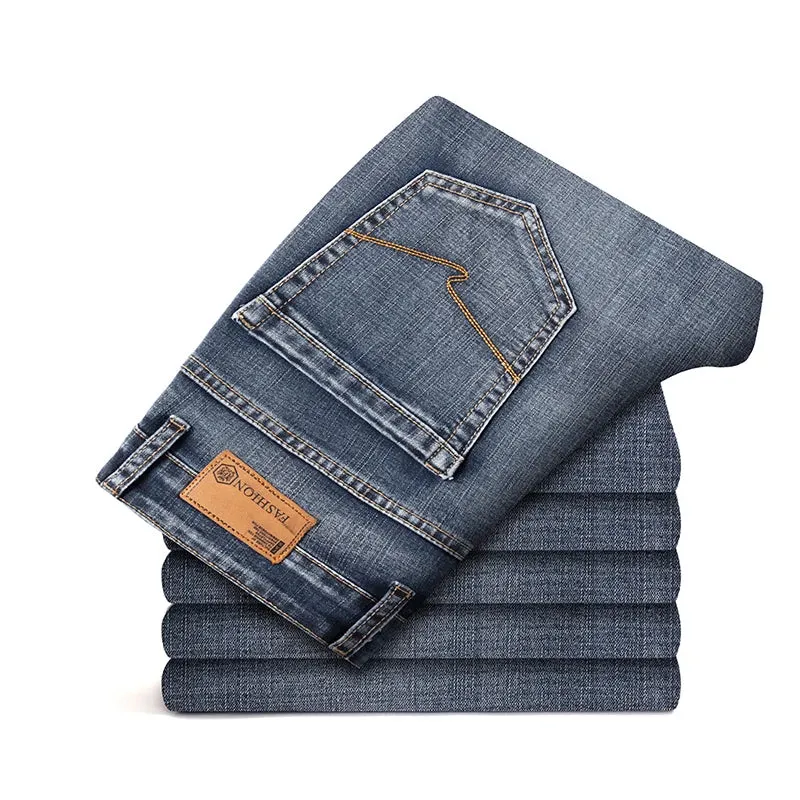 Classic Zipper Pocket Men's Fit Straight Business Casual Jeans
