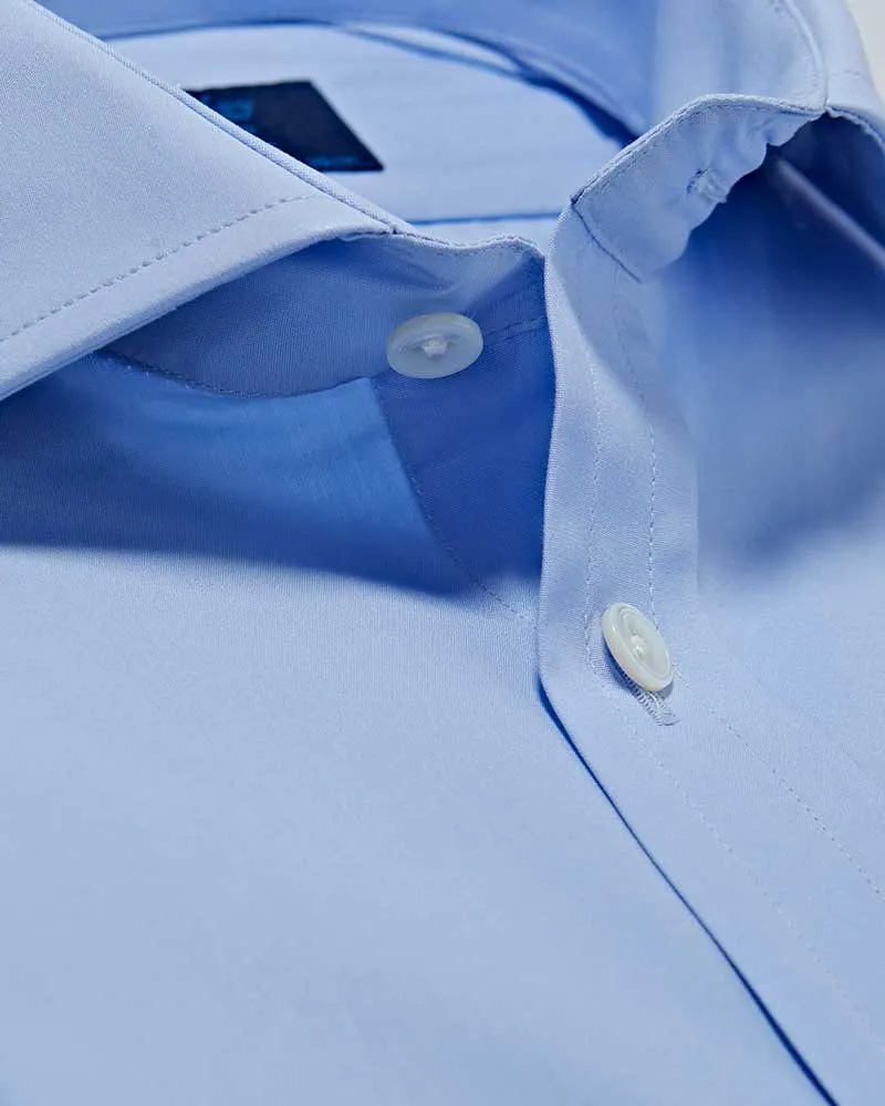 Contemporary Fit Plain Sky Blue Cotton Poplin Shirt with Cut-away Collar & Two Button Cuff