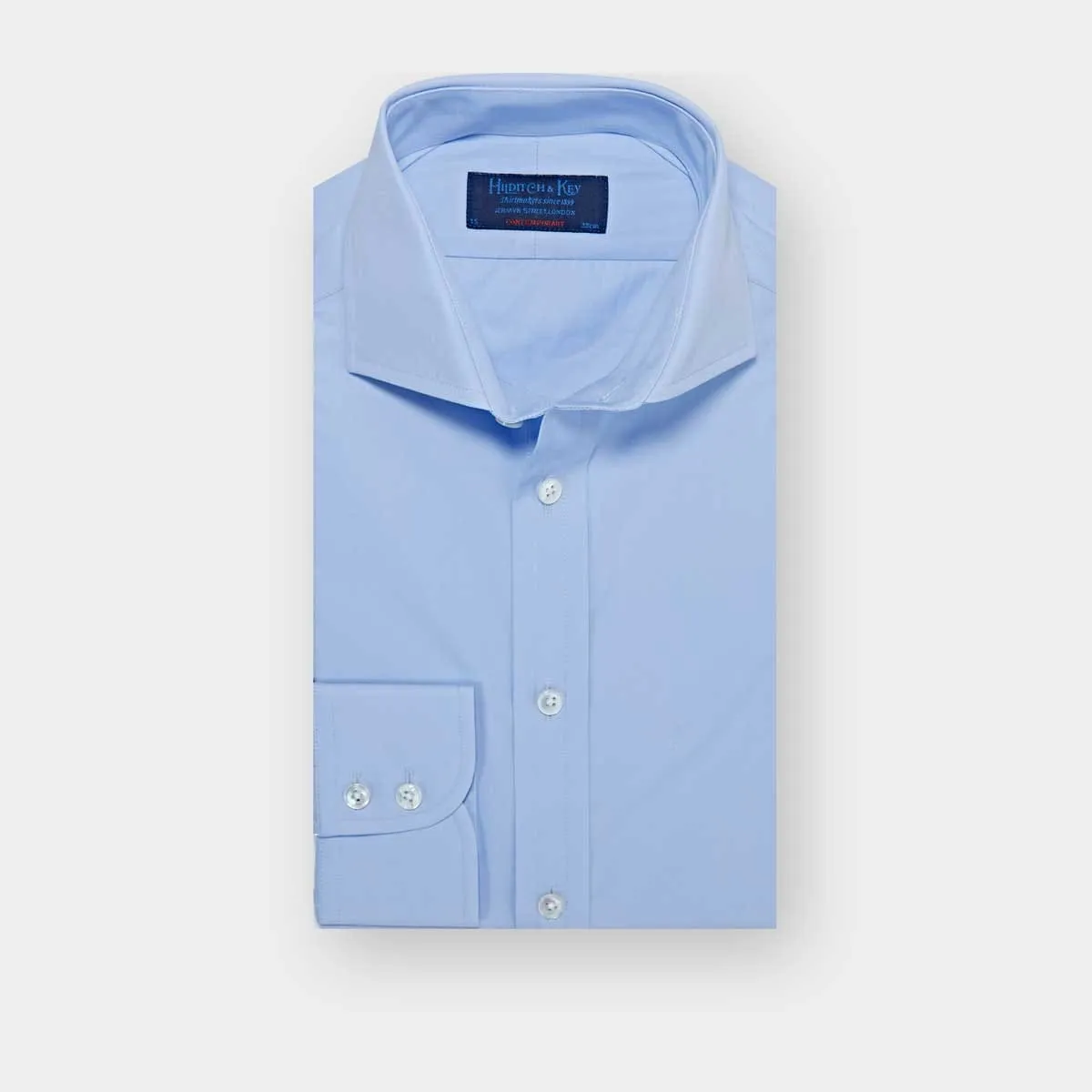 Contemporary Fit Plain Sky Blue Cotton Poplin Shirt with Cut-away Collar & Two Button Cuff