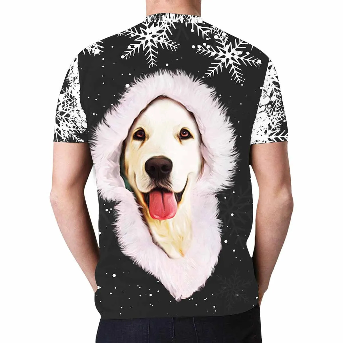 Custom Photo Shirts Black Background White Snowflake Furry Hat Christmas Men's All Over Print T-shirt for Him