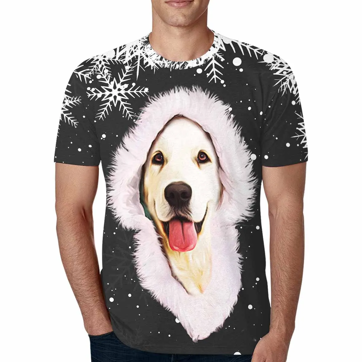 Custom Photo Shirts Black Background White Snowflake Furry Hat Christmas Men's All Over Print T-shirt for Him