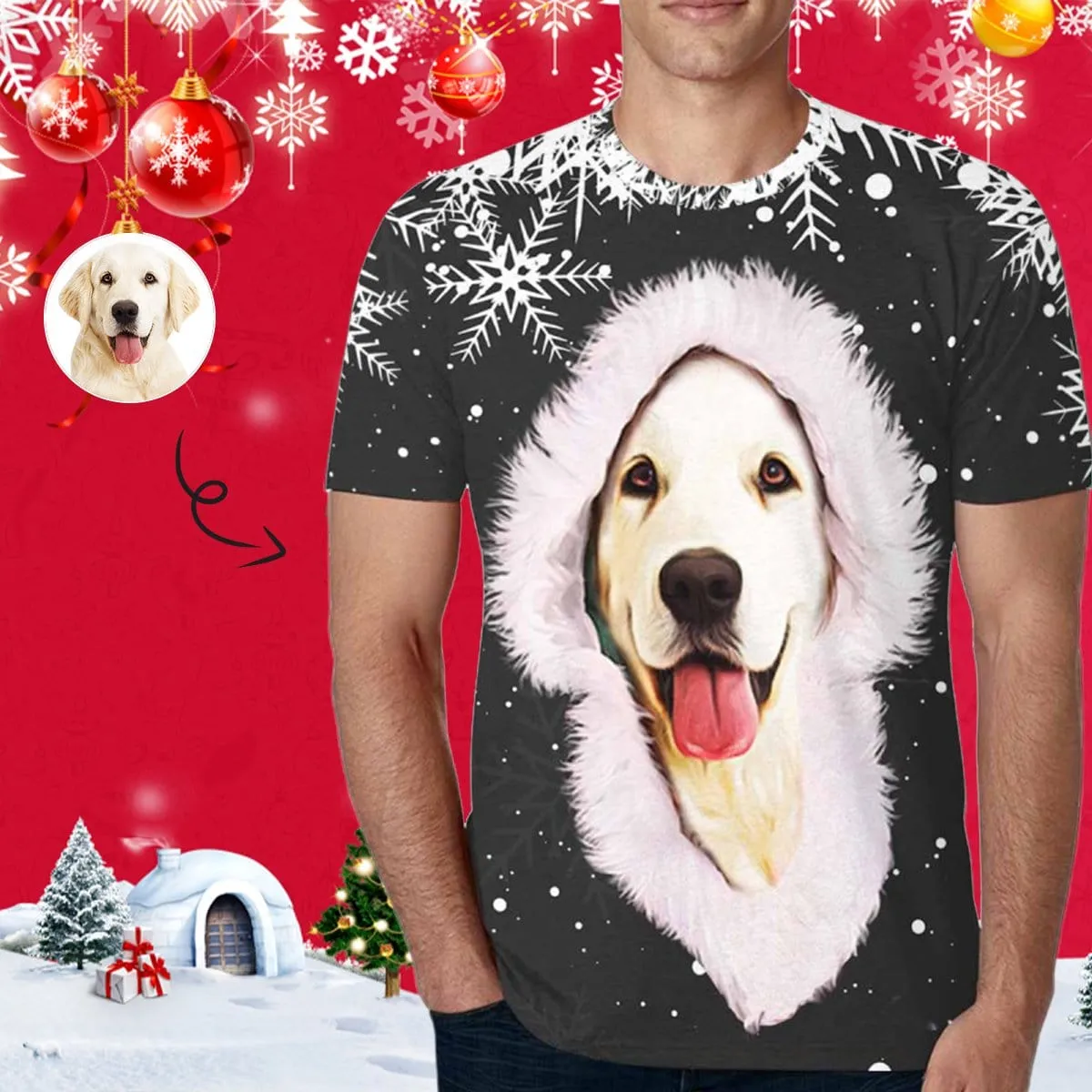 Custom Photo Shirts Black Background White Snowflake Furry Hat Christmas Men's All Over Print T-shirt for Him