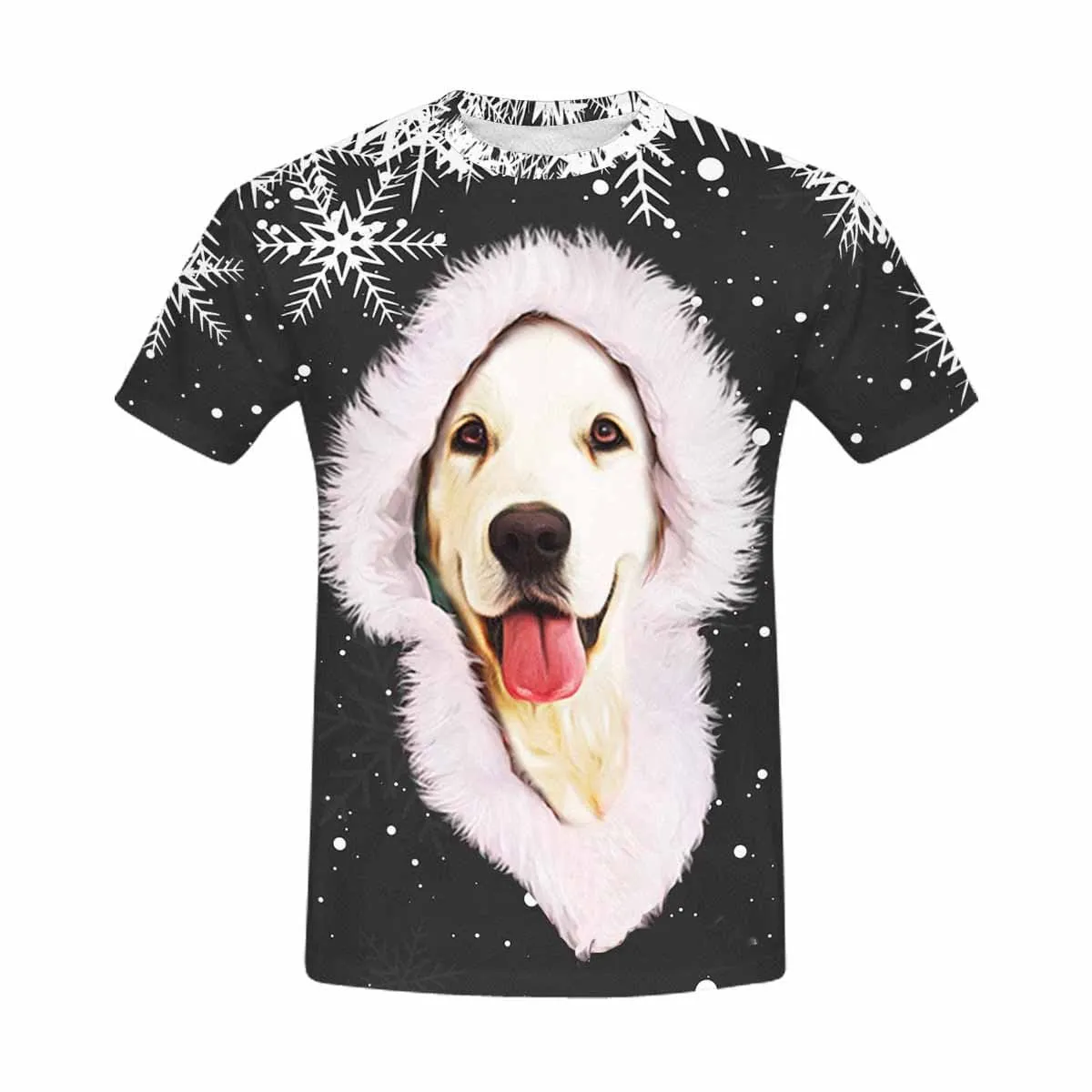 Custom Photo Shirts Black Background White Snowflake Furry Hat Christmas Men's All Over Print T-shirt for Him