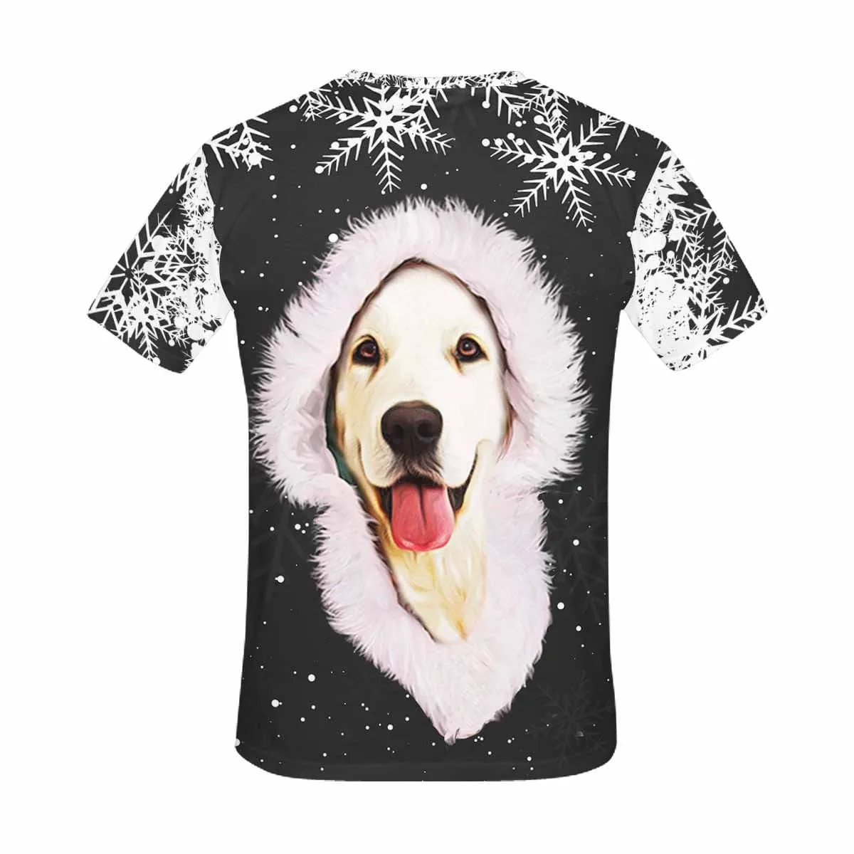 Custom Photo Shirts Black Background White Snowflake Furry Hat Christmas Men's All Over Print T-shirt for Him