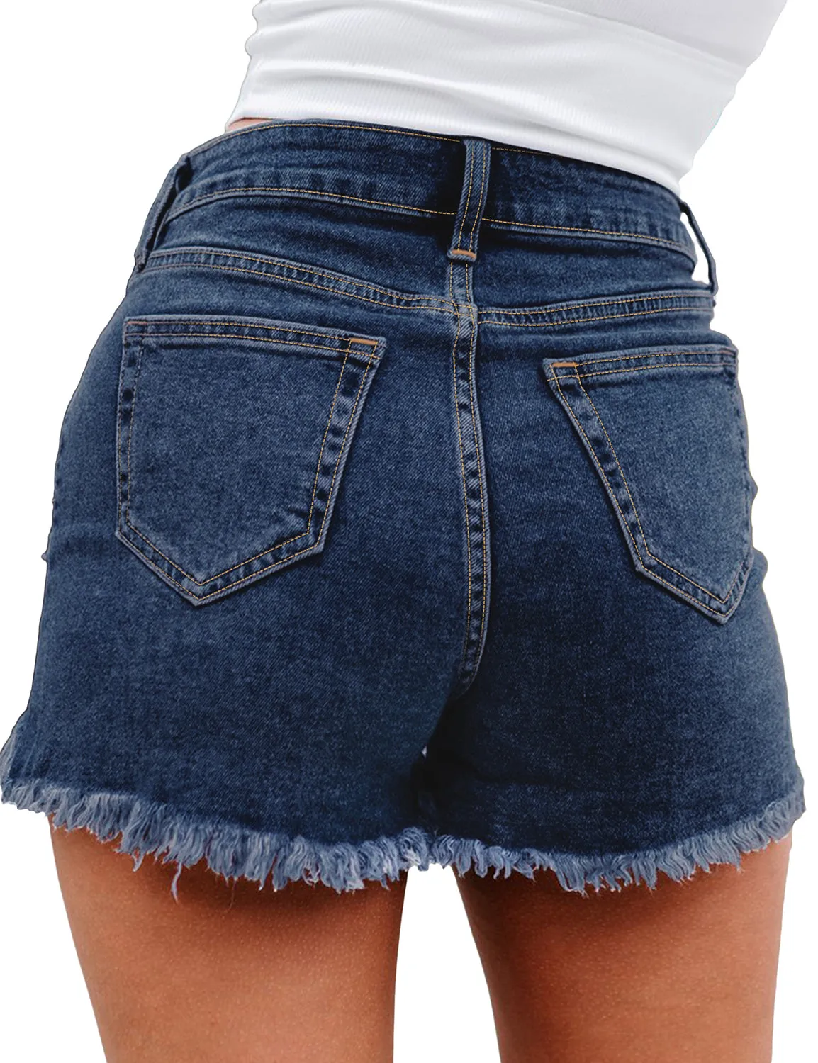 Dark Blue High-Waist Frayed Raw Hem Ripped Denim Shorts