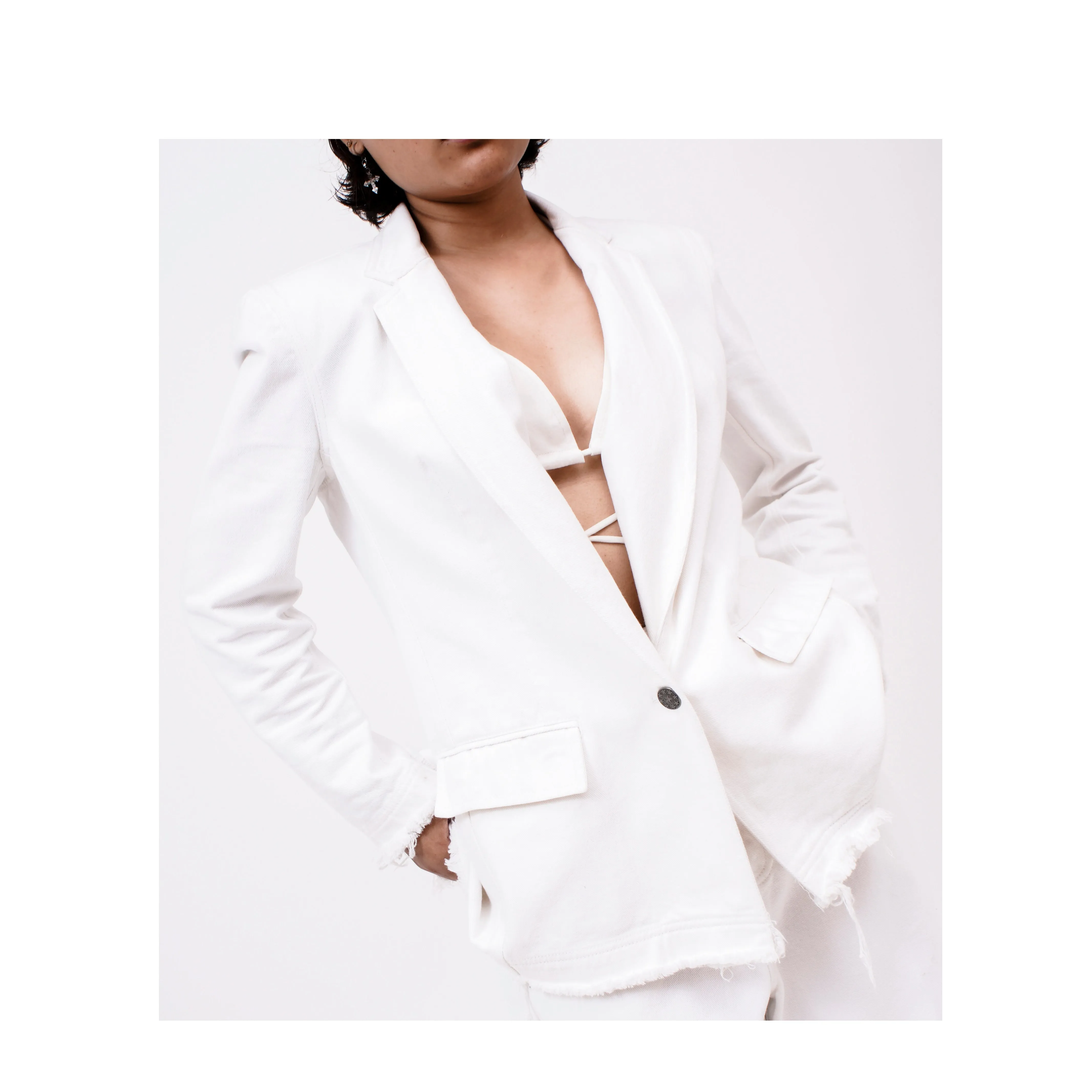 Distressed Denim Blazer (White)