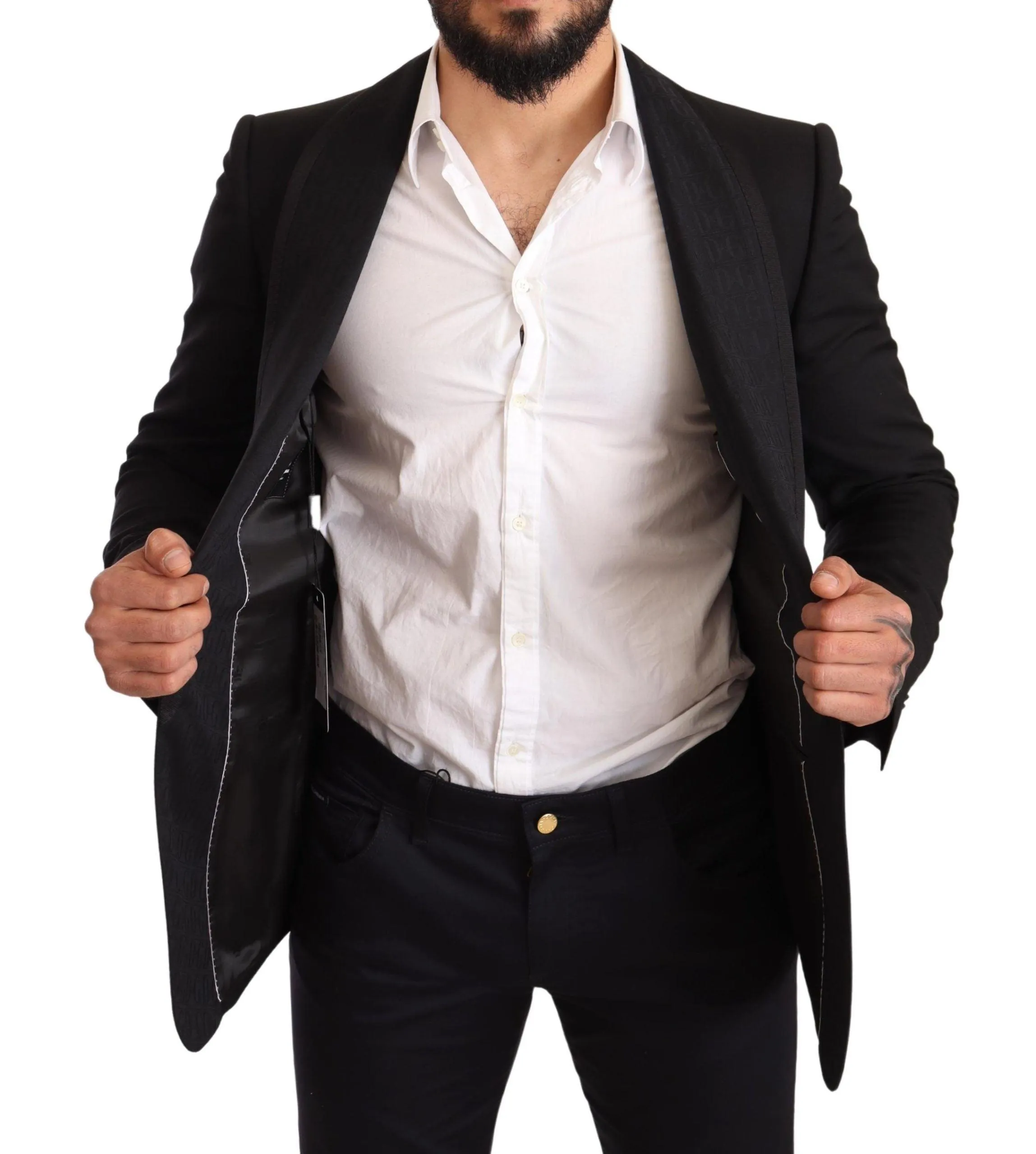 Dolce & Gabbana Black Slim Fit Wool Logo Coat Blazer
